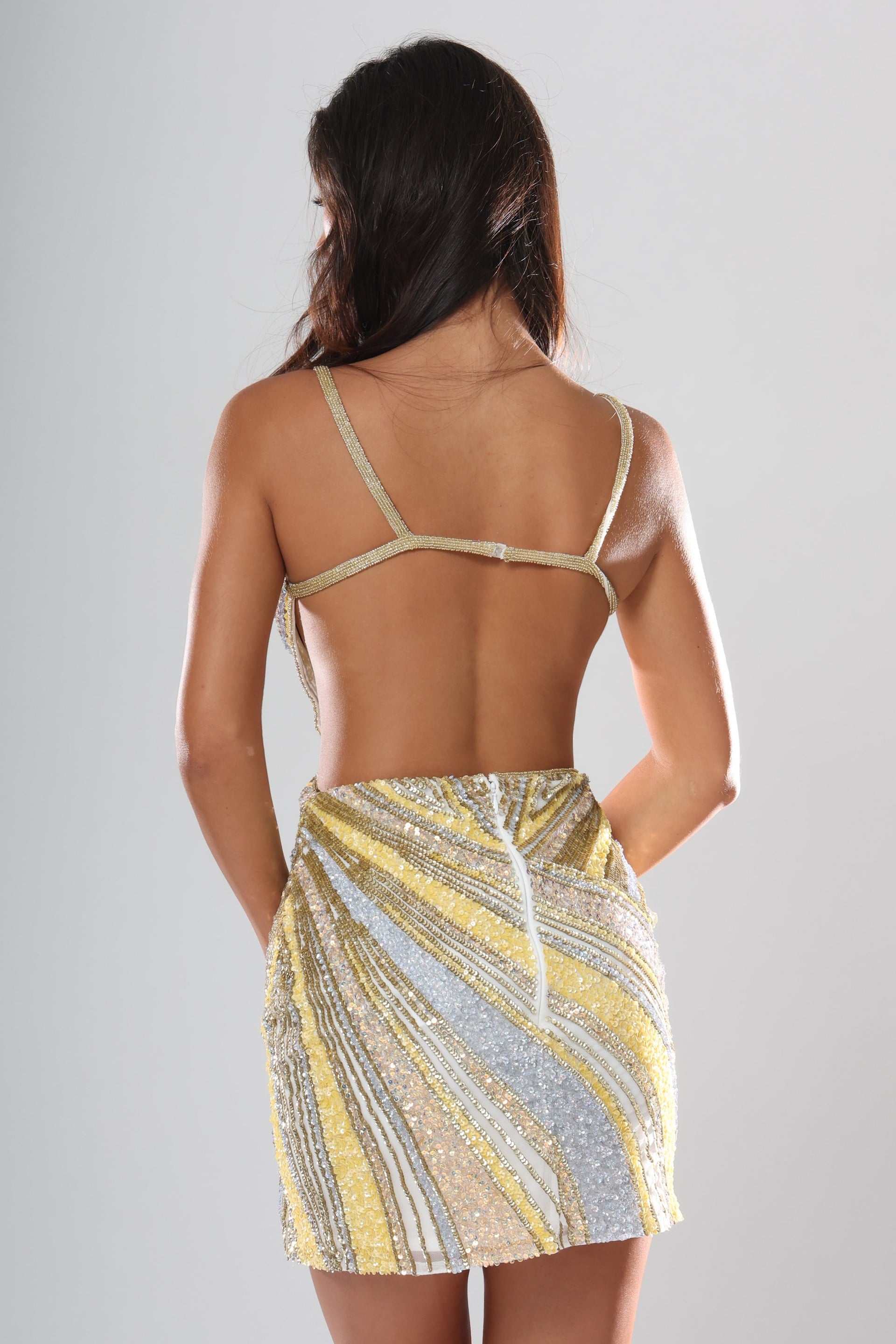 Ivory V-Neck Mini Beaded Cocktail Dress Open Back Bodycon Party Dress Jovani 53768
