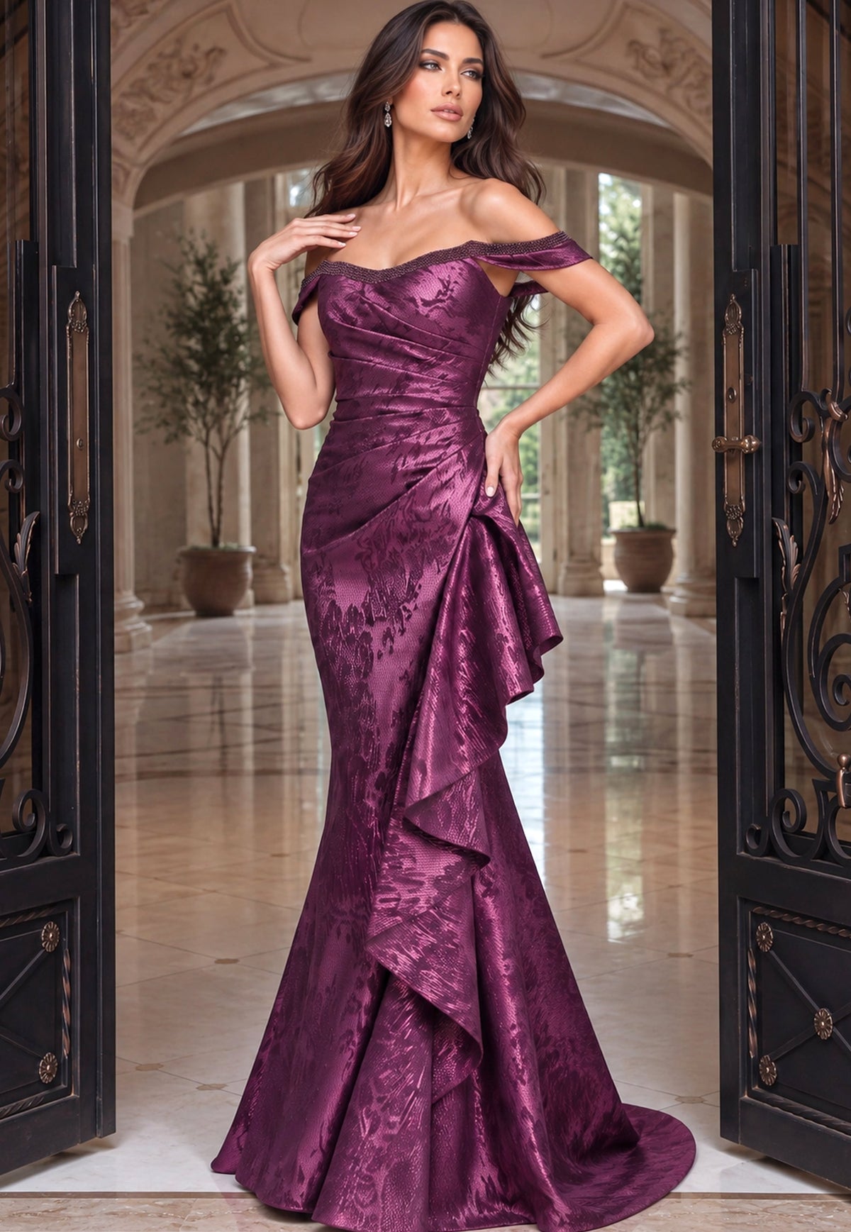 Off-the-Shoulder Floor-Length Satin Formal Mermaid Jovani 53942