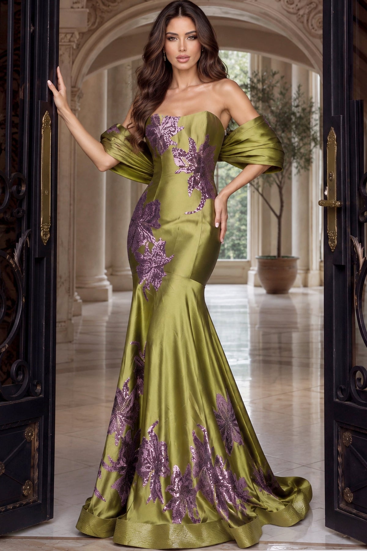 Off-the-Shoulder Floor-Length Satin Formal Mermaid Jovani 54041