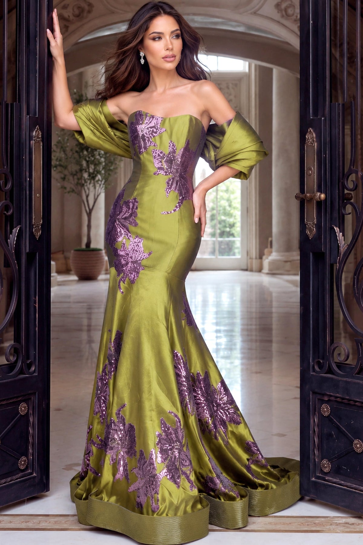 Off-the-Shoulder Floor-Length Satin Formal Mermaid Jovani 54041