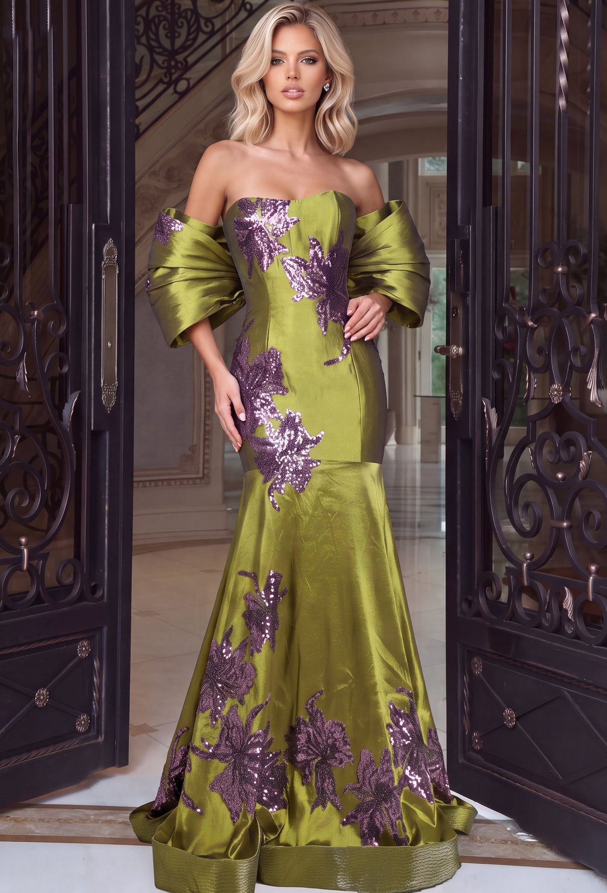 Off-the-Shoulder Floor-Length Satin Formal Mermaid Jovani 54041