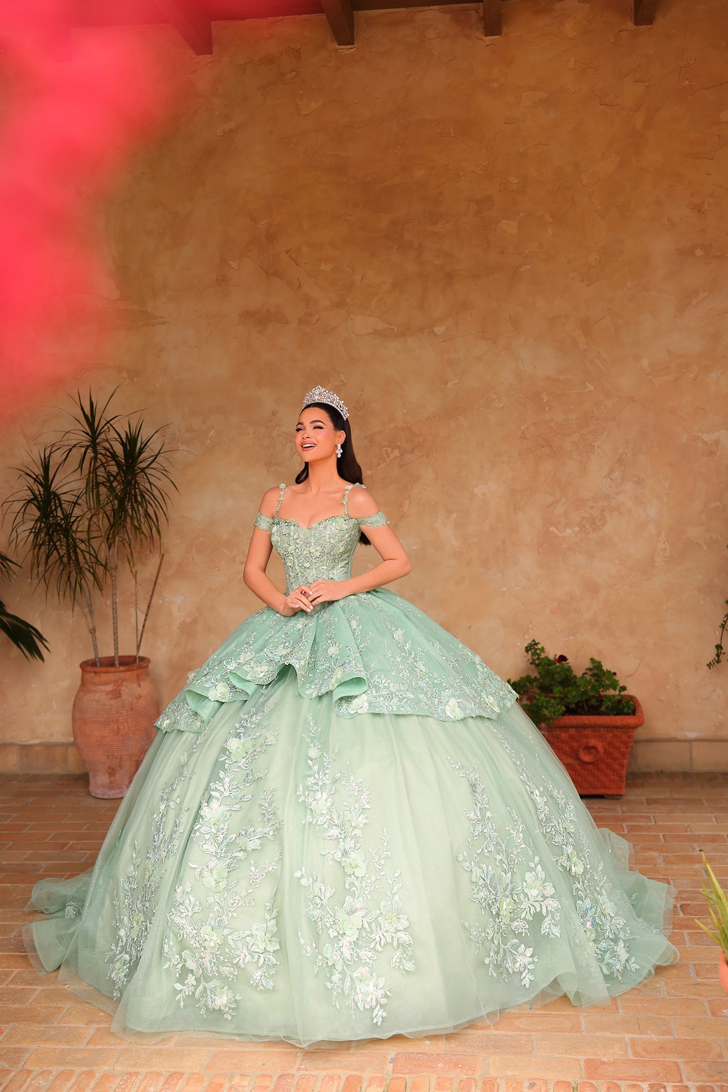 Avocado Cold Shoulder Floor-Length Tulle Quinceañera Ball Gown with Lace Appliqué Corset Bodice Amarra 54101