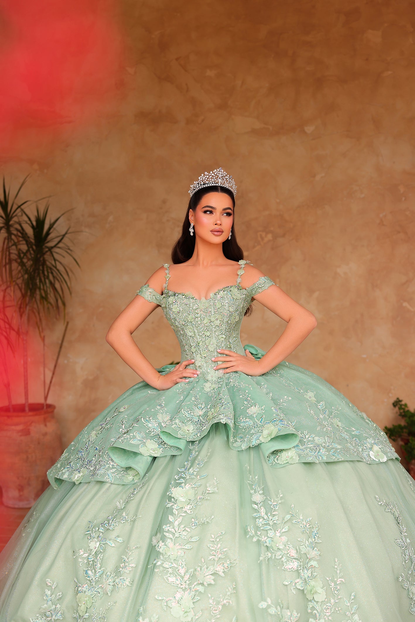 Avocado Cold Shoulder Floor-Length Tulle Quinceañera Ball Gown with Lace Appliqué Corset Bodice Amarra 54101