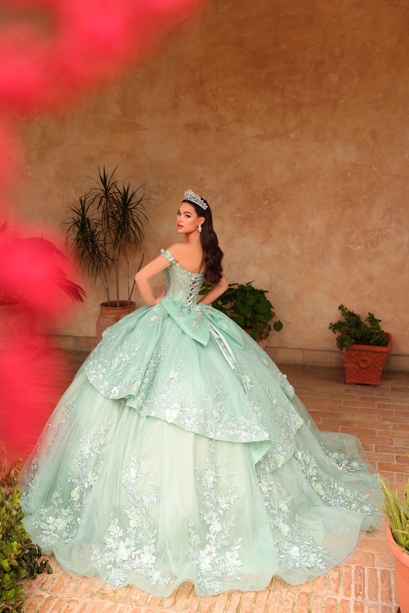 Avocado Cold Shoulder Floor-Length Tulle Quinceañera Ball Gown with Lace Appliqué Corset Bodice Amarra 54101