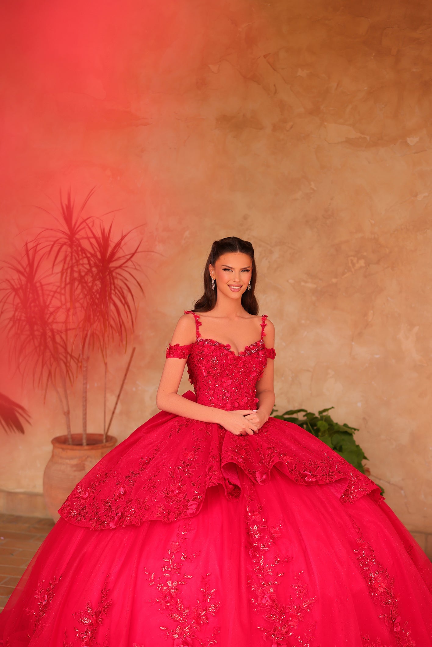 Red Cold Shoulder Floor-Length Tulle Quinceañera Ball Gown with Lace Appliqué Corset Bodice Amarra 54101