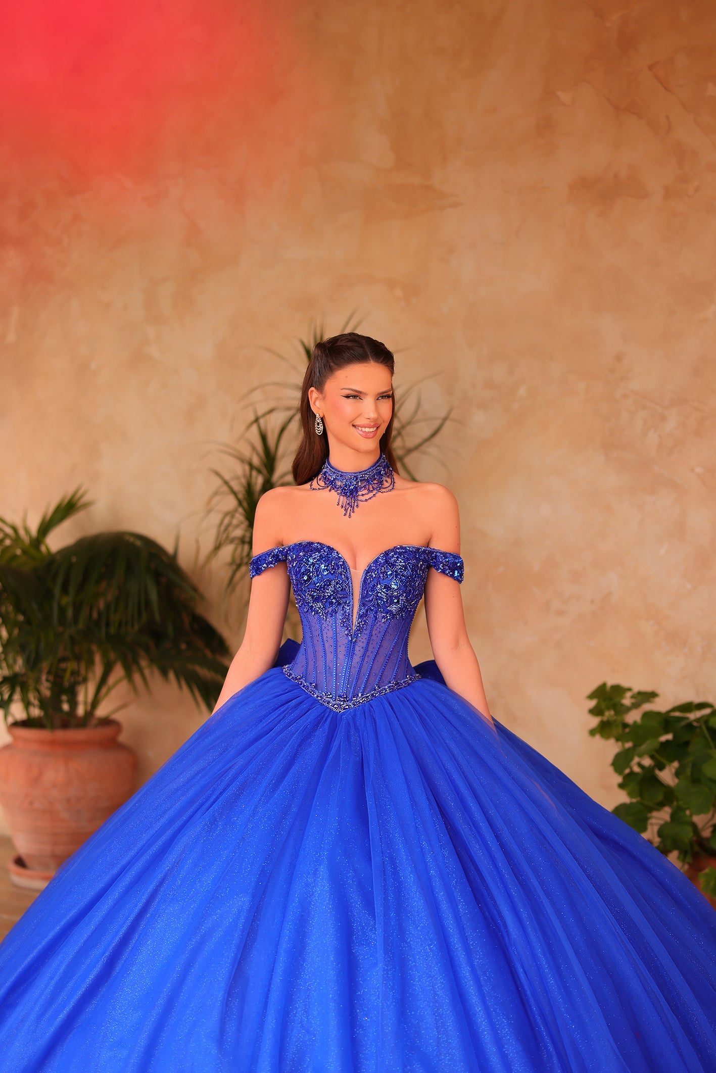 Royal Blue Off the Shoulder Floor-Length Tulle Quinceañera Ball Gown with Beaded Corset Bodice Amarra 54103