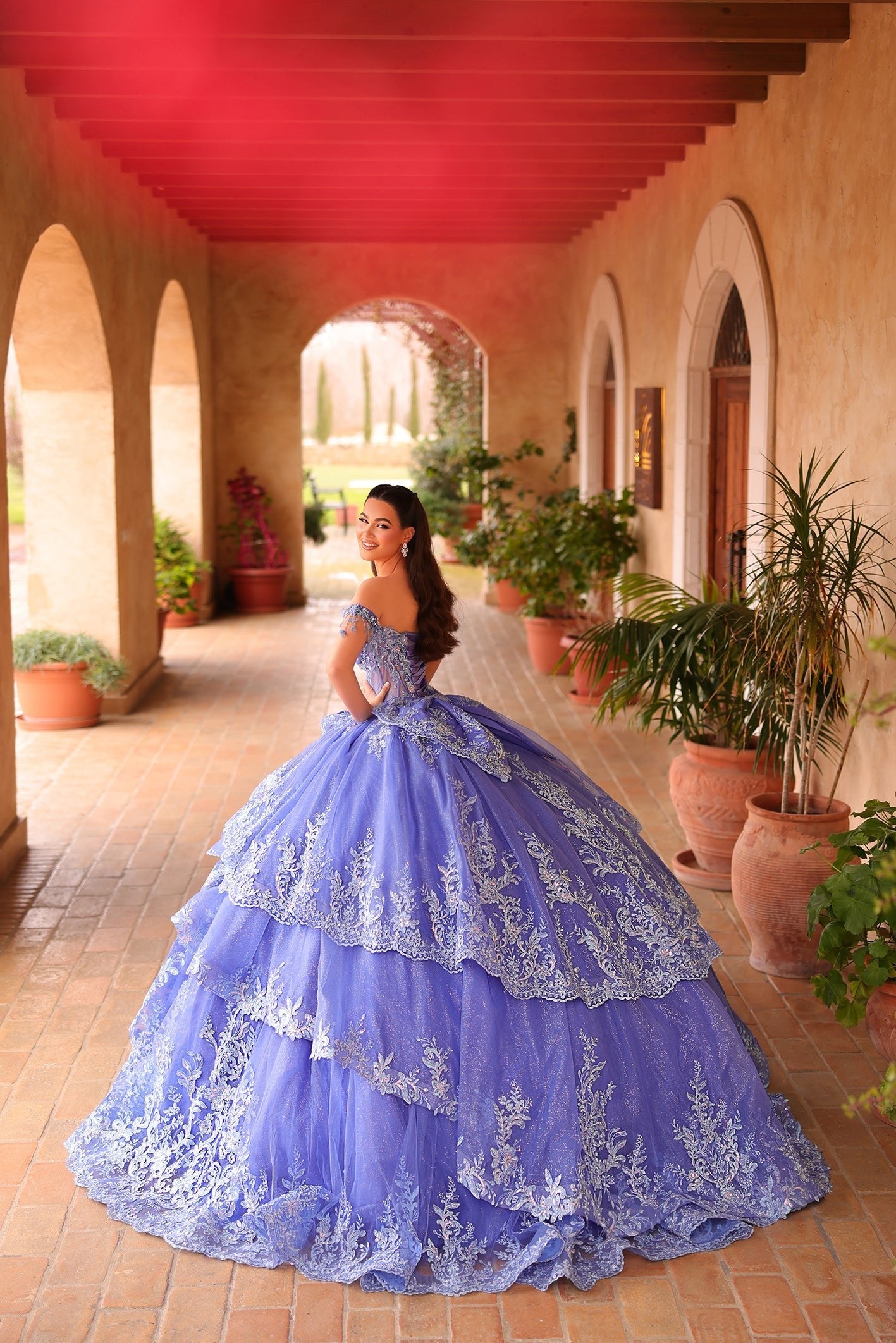 Periwinkle/Light Blue Sweetheart Floor-Length Tulle Quinceañera Ball Gown with Tiered Lace Appliqué Amarra 54105