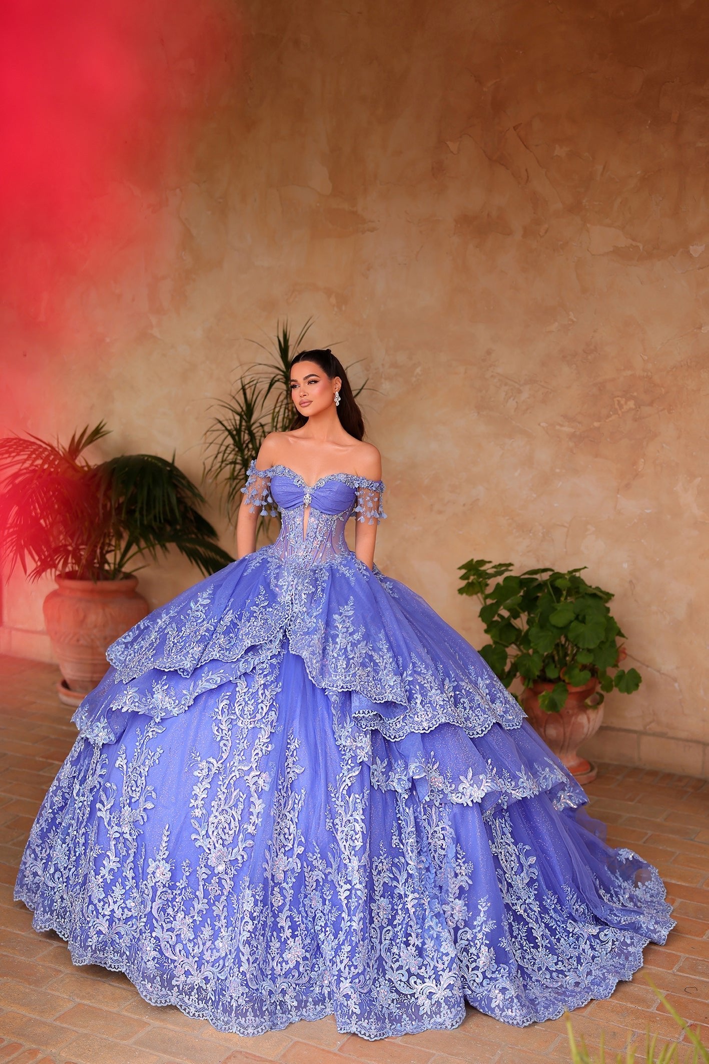 Periwinkle/Light Blue Sweetheart Floor-Length Tulle Quinceañera Ball Gown with Tiered Lace Appliqué Amarra 54105
