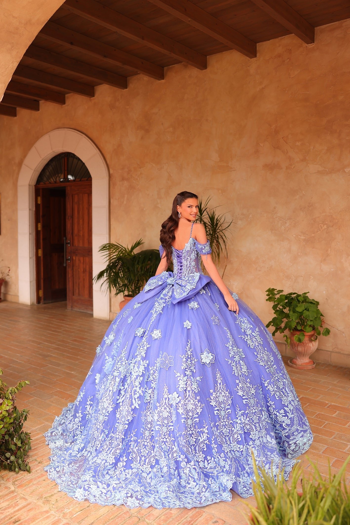 Periwinkle/Light Blue Sweetheart Floor-Length Tulle Quinceañera Ball Gown with Floral Appliqué Embroidery Amarra 54111