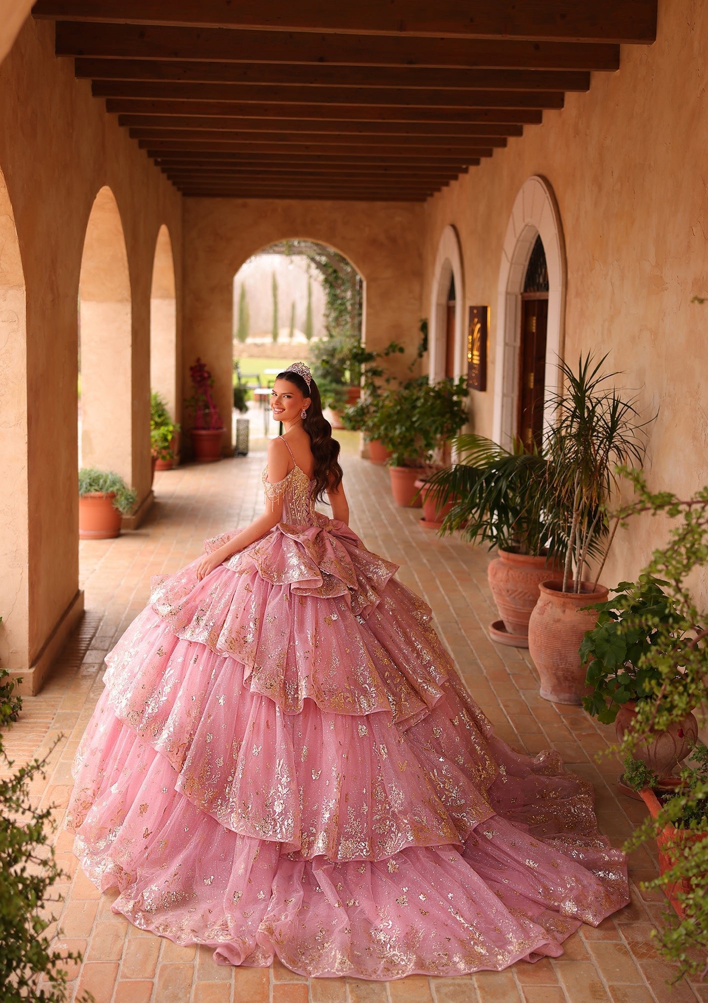 Dusty Rose Off-the-Shoulder Floor-Length Tulle Quinceañera Ball Gown with Tiered Glitter Embroidery Amarra 54113