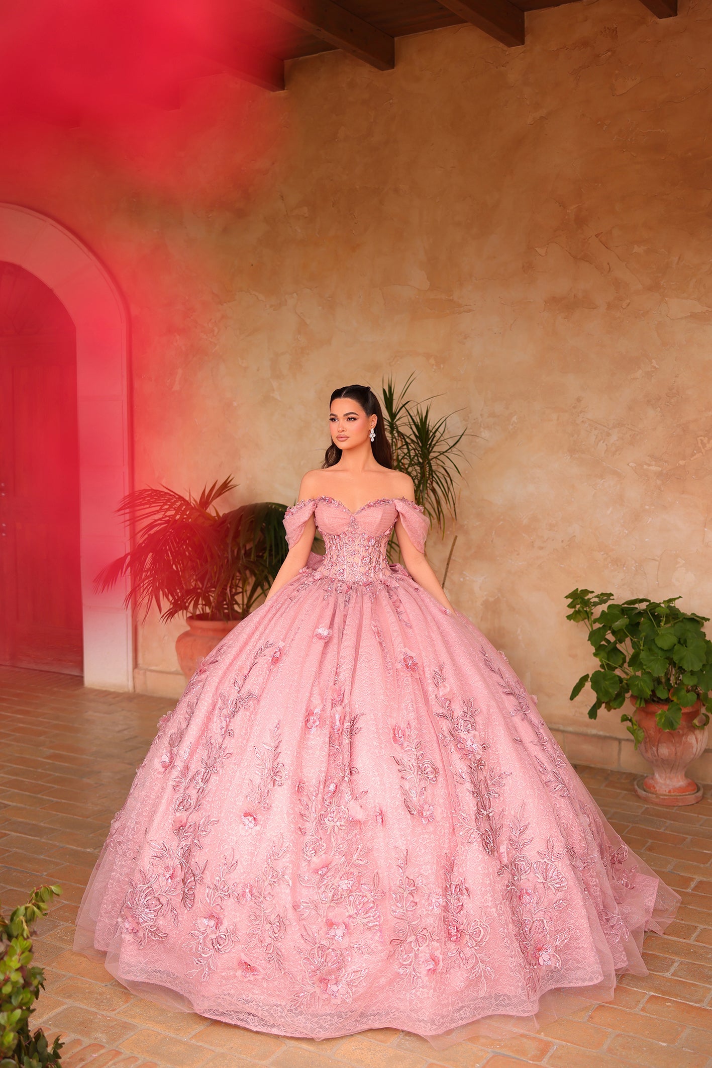 Dusty Rose Off-the-Shoulder Floor-Length Tulle Quinceañera Ball Gown with Floral Appliqué Amarra 54119
