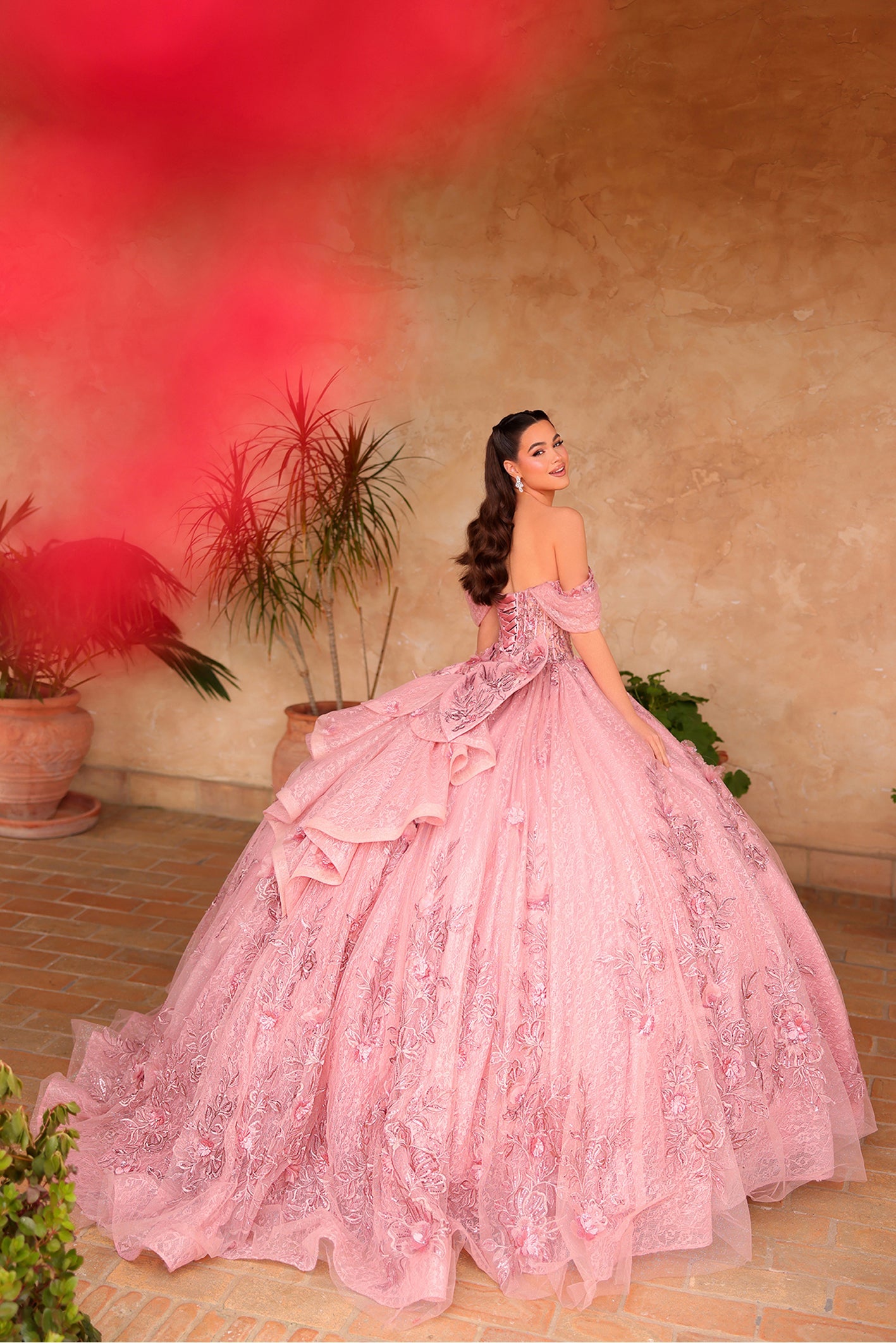 Dusty Rose Off-the-Shoulder Floor-Length Tulle Quinceañera Ball Gown with Floral Appliqué Amarra 54119