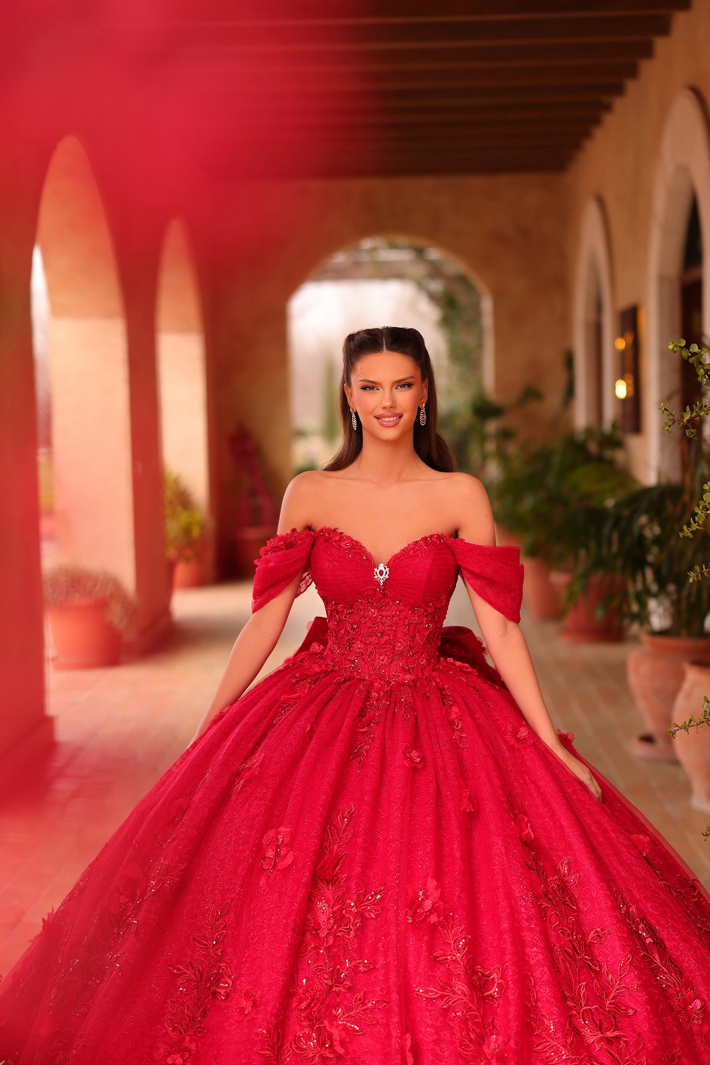 Red Off-the-Shoulder Floor-Length Tulle Quinceañera Ball Gown with Floral Appliqué Amarra 54119