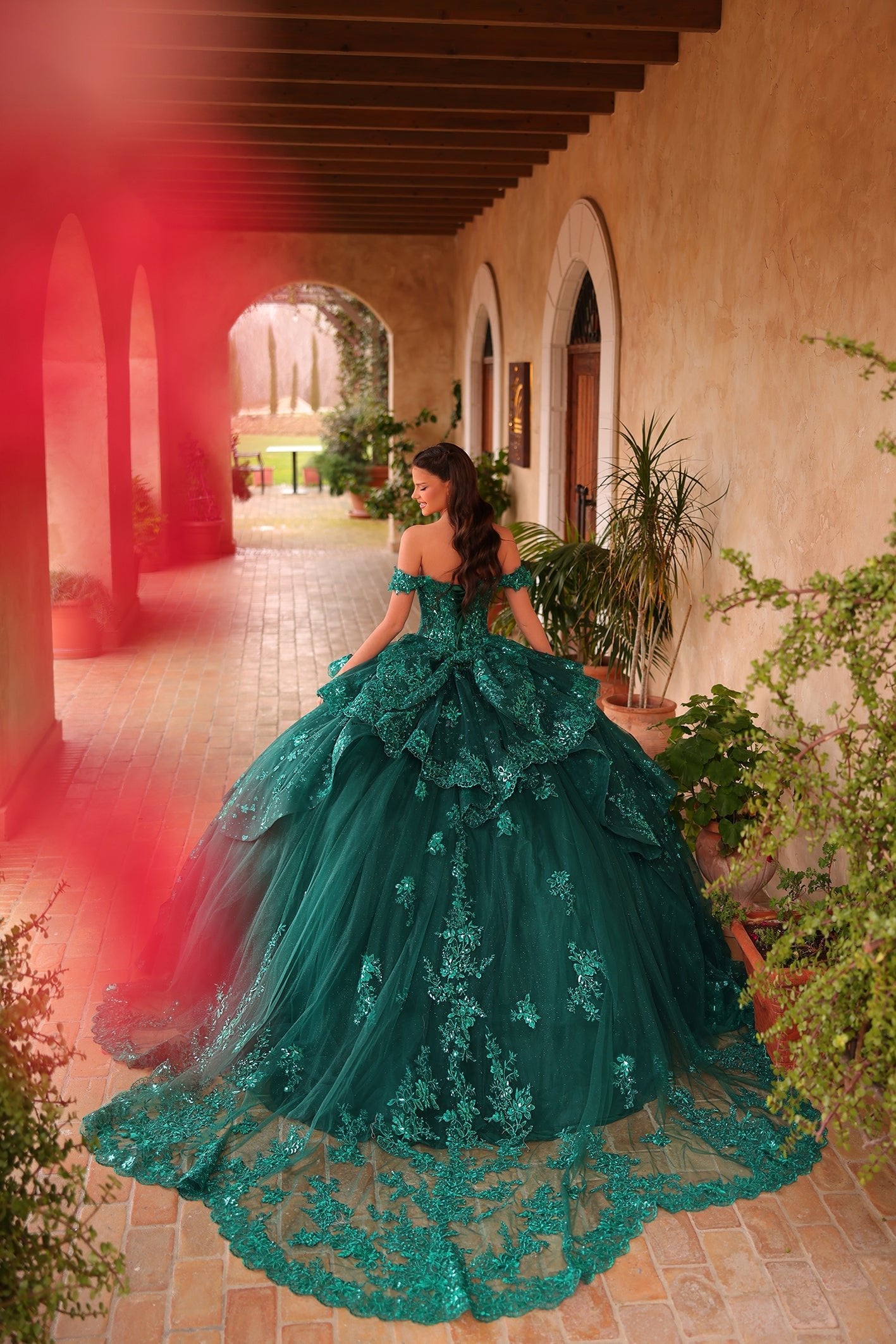 Emerald Off-the-Shoulder Floor-Length Tulle Quinceañera Ball Gown with Embroidered Tiered Skirt Amarra 54121