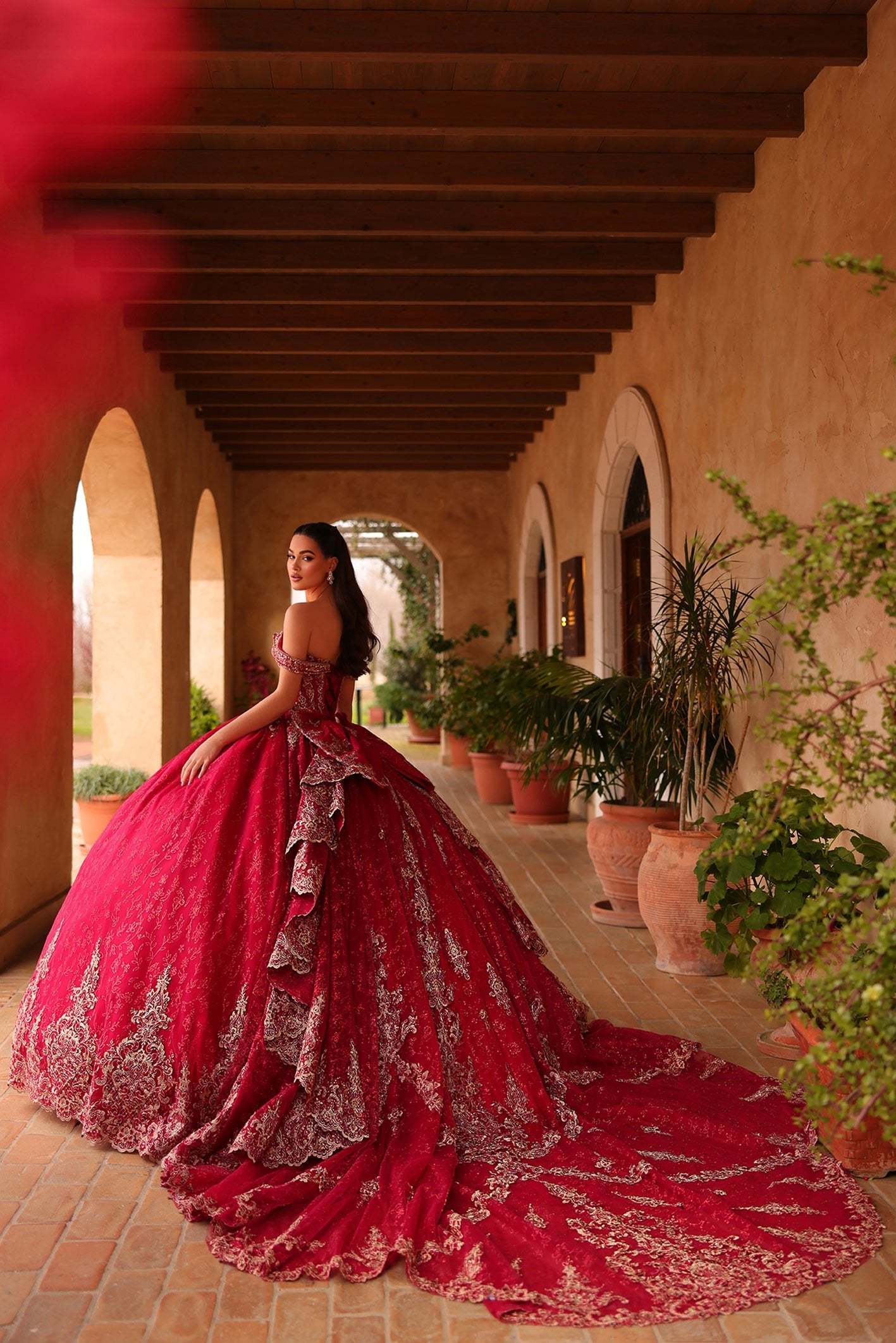 Wine Sweetheart Floor-Length Tulle Quinceañera Ball Gown with Lace Embroidery Amarra 54123