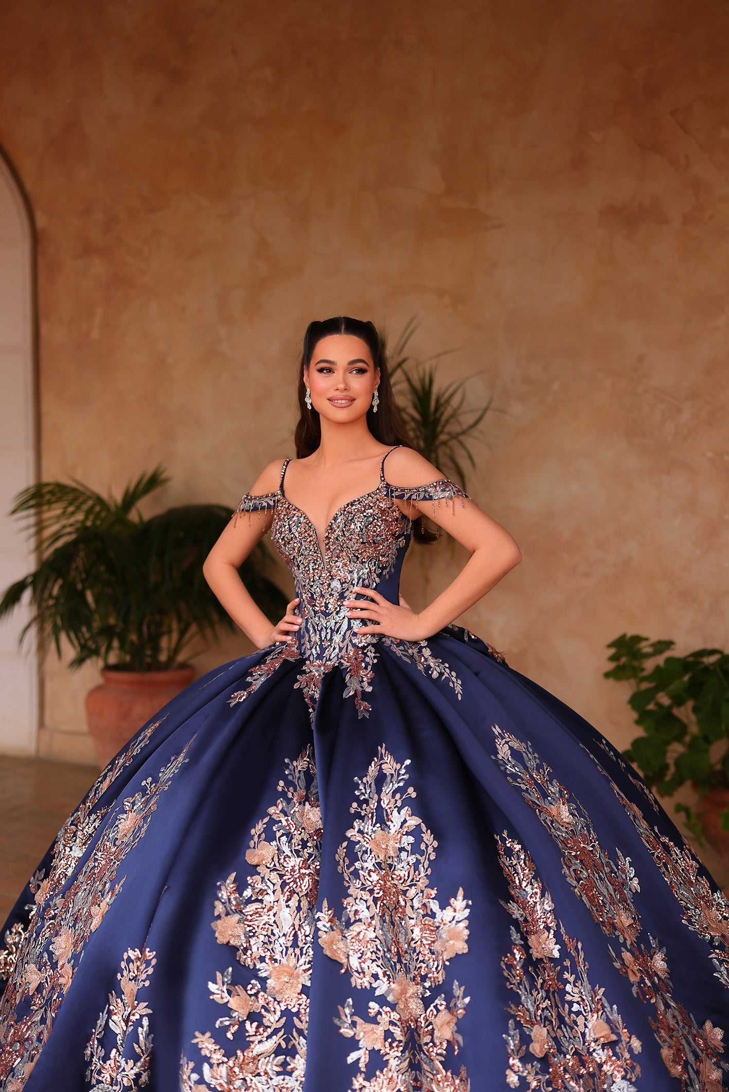 Navy Sweetheart Floor Length Satin Ball Gown with Embroidered Floral Appliqué and Corset Back Amarra 54127
