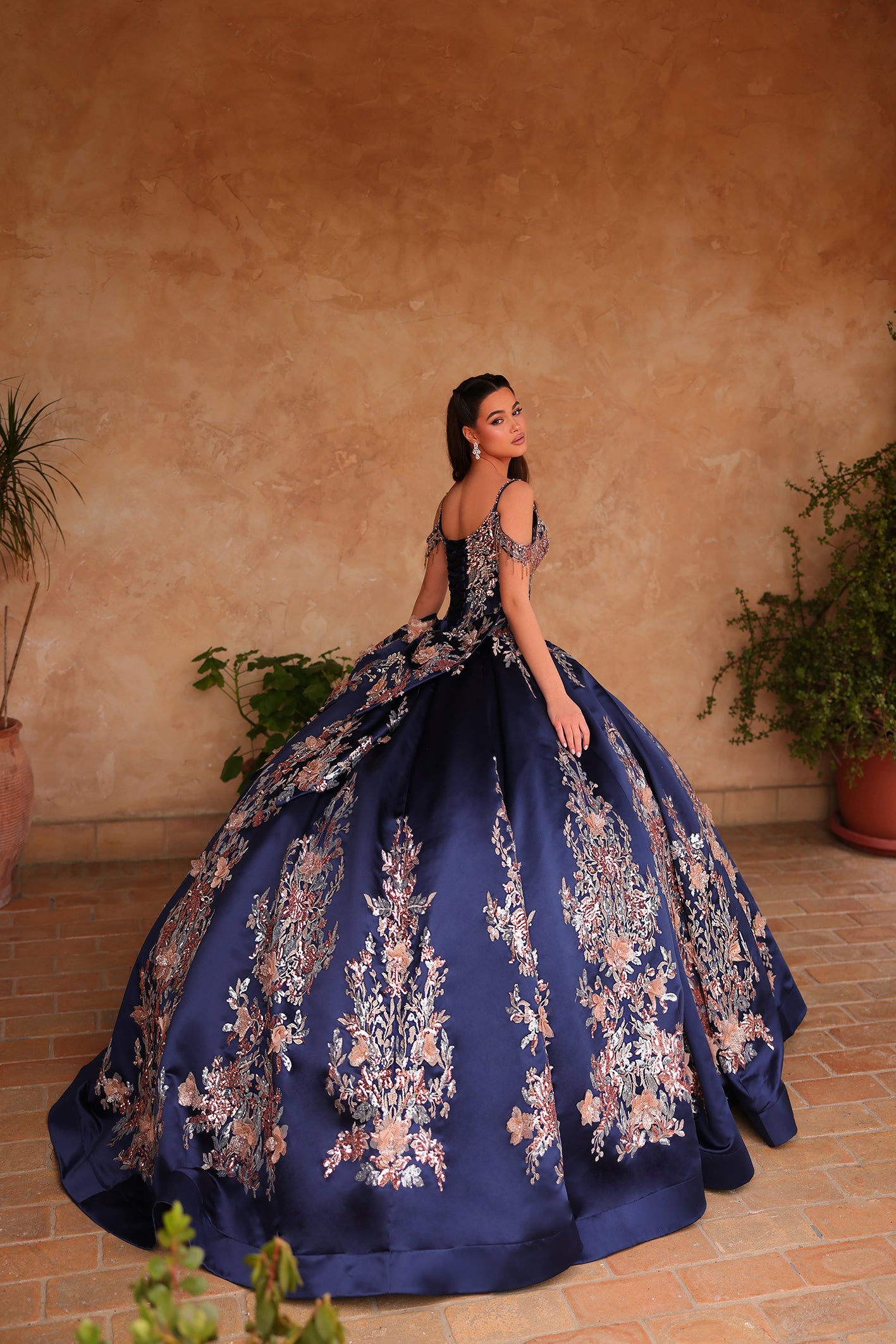 Navy Sweetheart Floor Length Satin Ball Gown with Embroidered Floral Appliqué and Corset Back Amarra 54127
