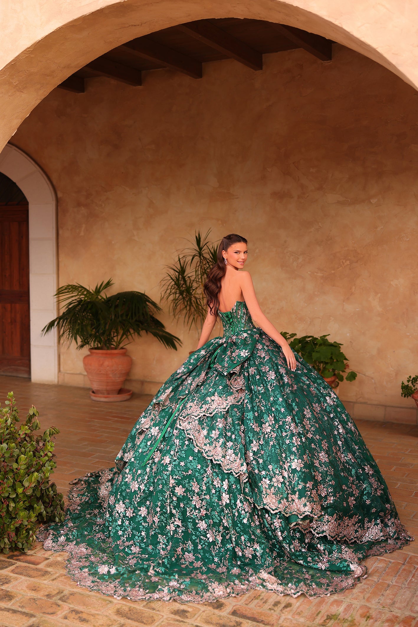 Emerald Sweetheart Floor Length Lace Quinceañera Ball Gown with Corset Bodice Amarra 54131