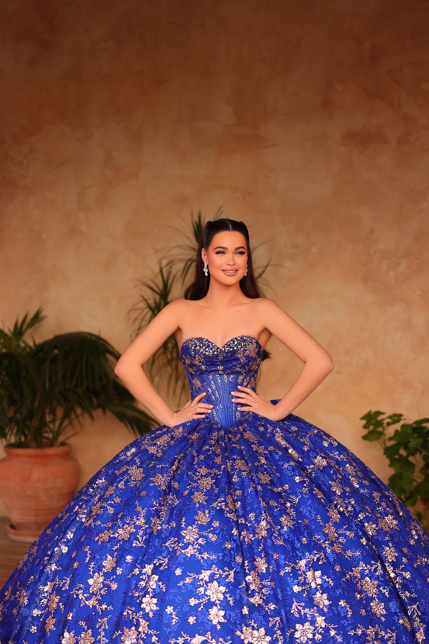 Royal Blue Sweetheart Floor Length Lace Quinceañera Ball Gown with Corset Bodice Amarra 54131