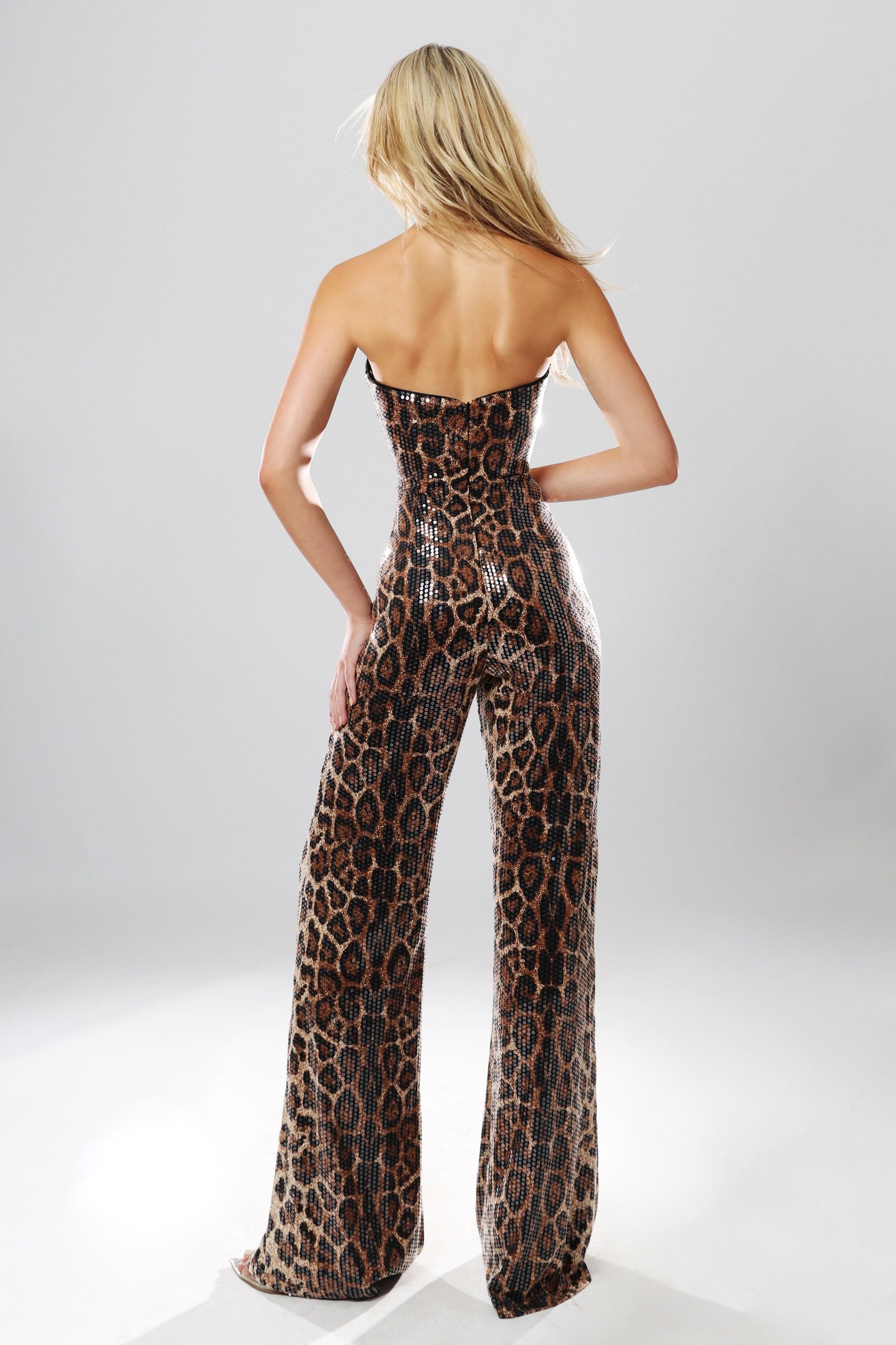 Animal Print Strapless Floor-Length Sequin Formal Wide-Leg Animal Print Jumpsuit Jovani 54171