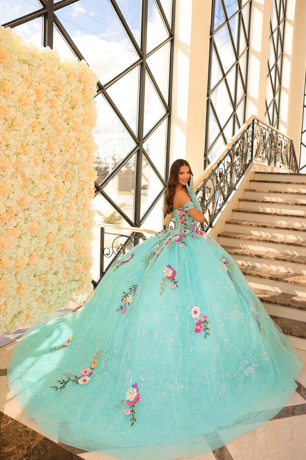 Quinceniera Dresses Long Floral Ball Gown Quinceanera Dress Aqua/Multi