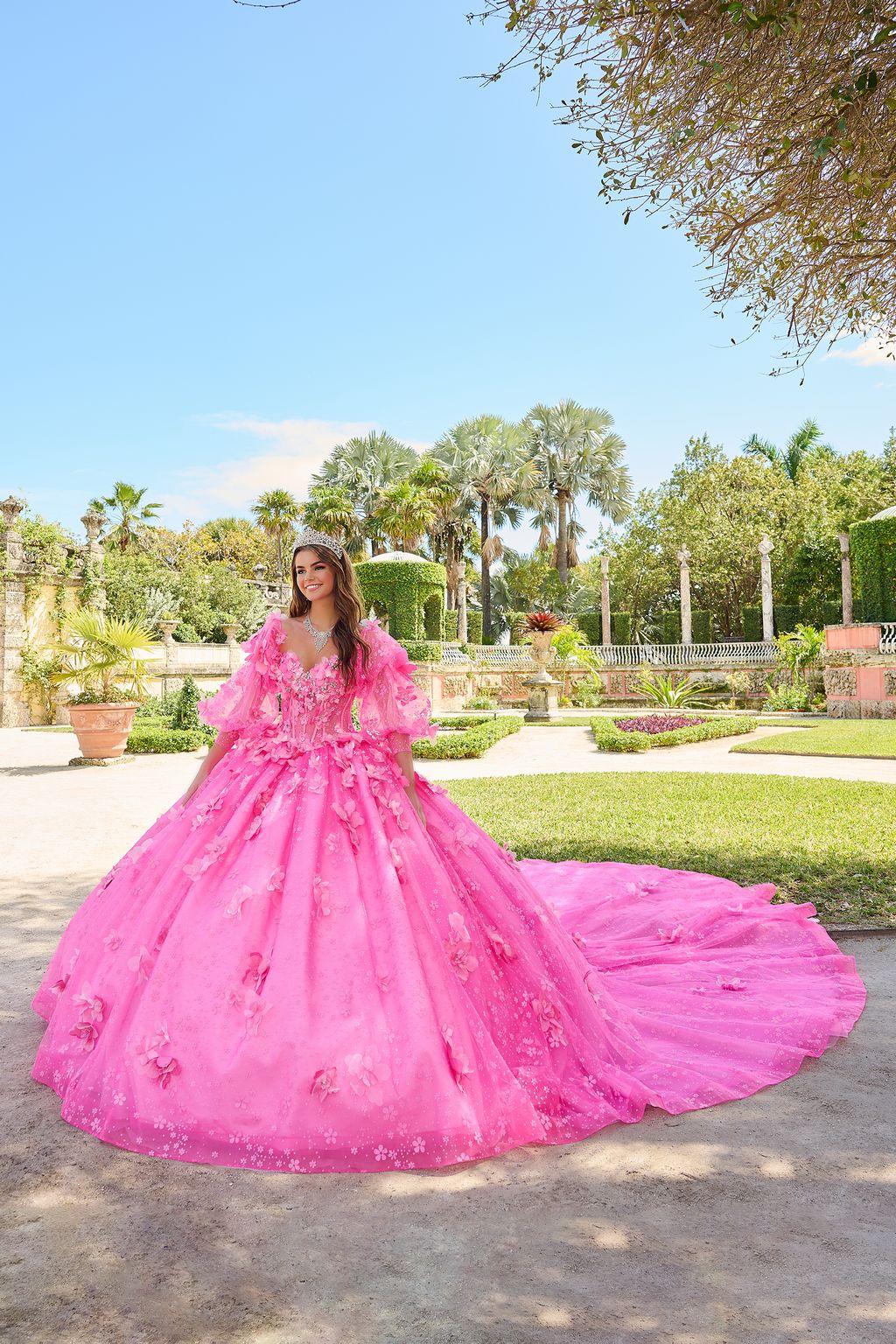 Quinceniera Dresses Long 3D Floral Glitter Ball Gown Quinceanera Dress Fuchsia/Pink