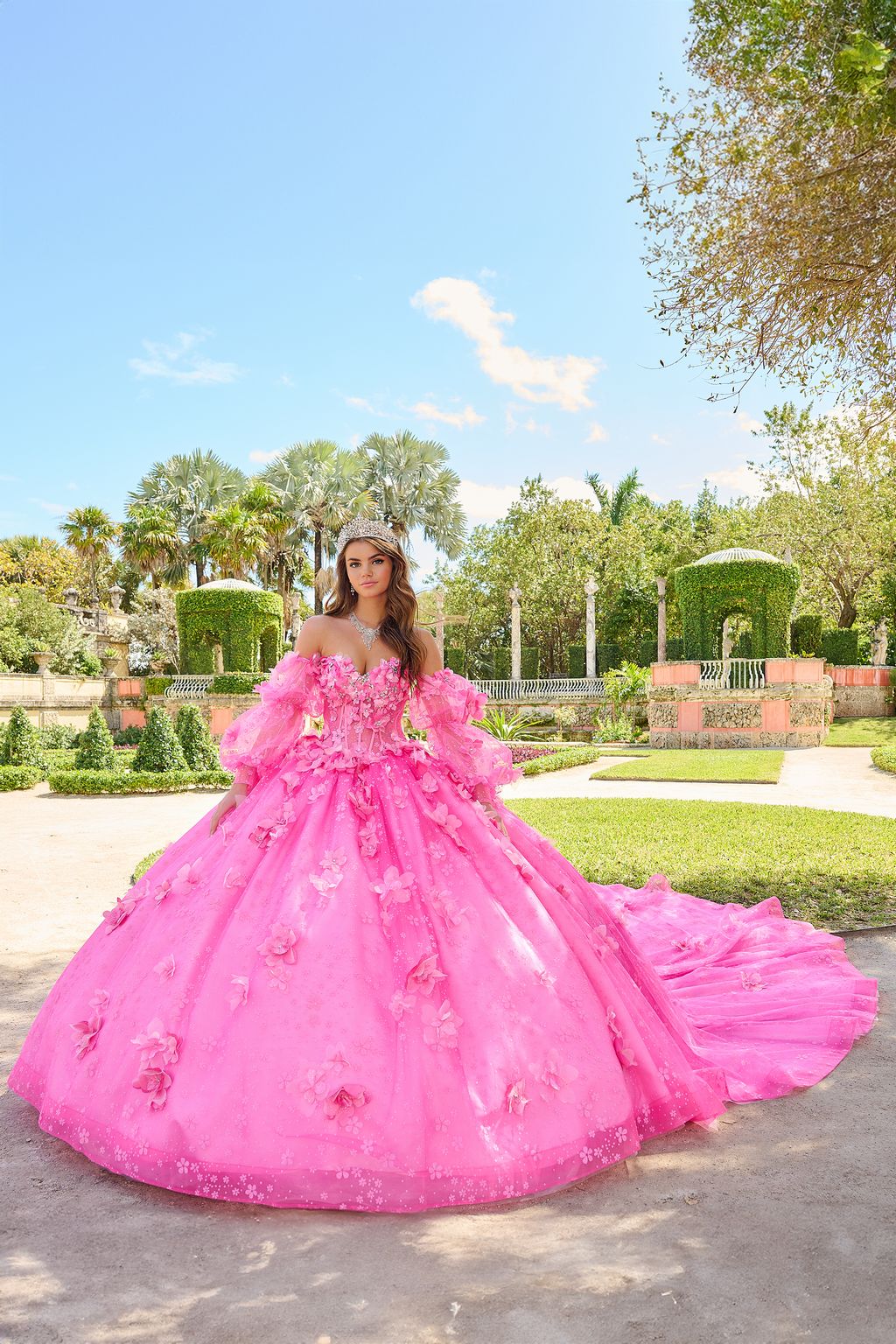 Quinceniera Dresses Long 3D Floral Glitter Ball Gown Quinceanera Dress Fuchsia/Pink