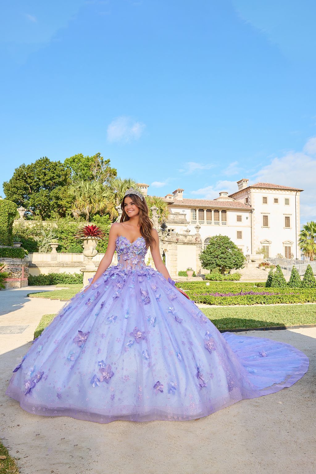 Quinceniera Dresses Long 3D Floral Glitter Ball Gown Quinceanera Dress Lilac/Light Blue