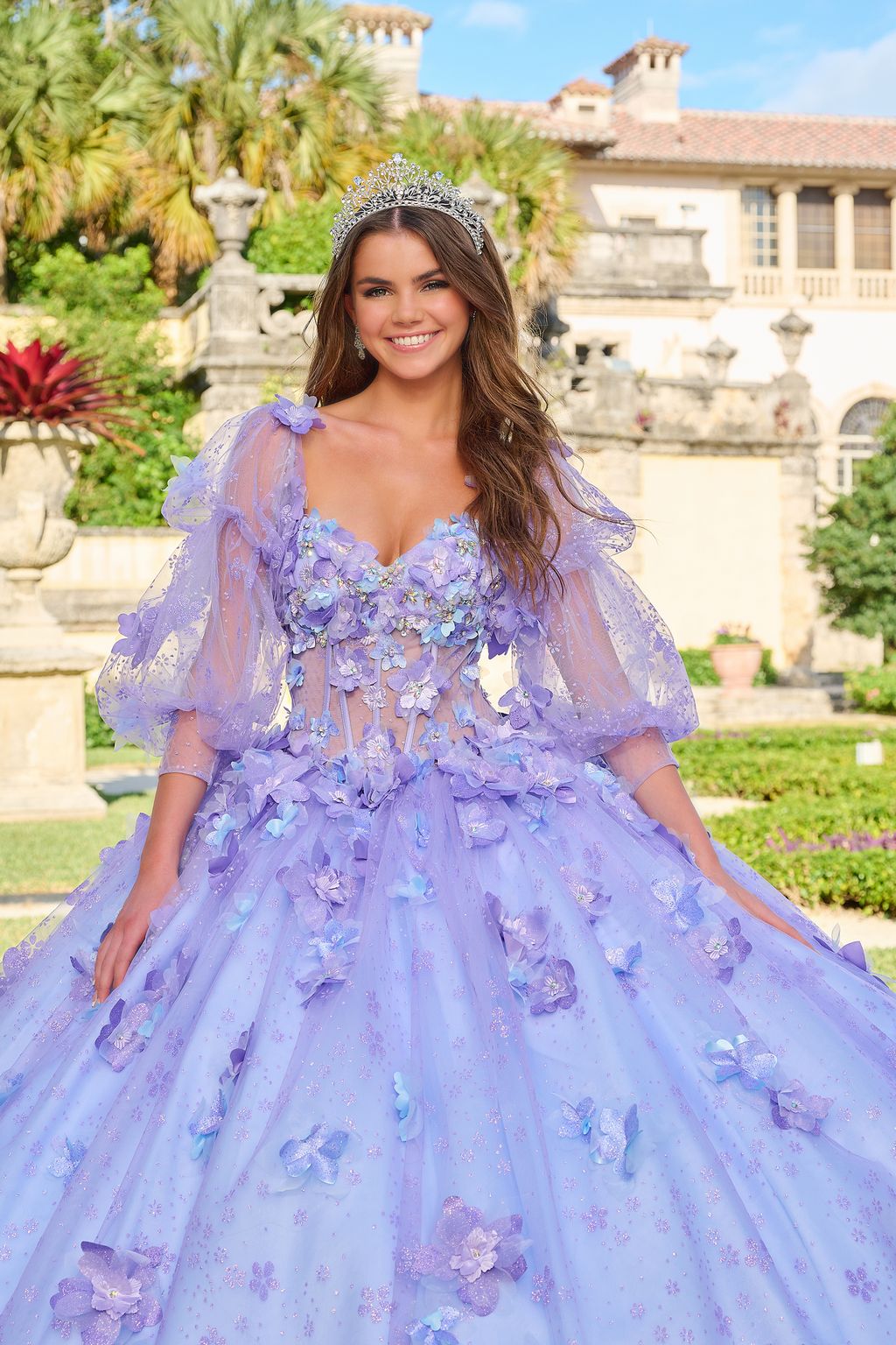 Quinceniera Dresses Long 3D Floral Glitter Ball Gown Quinceanera Dress Lilac/Light Blue