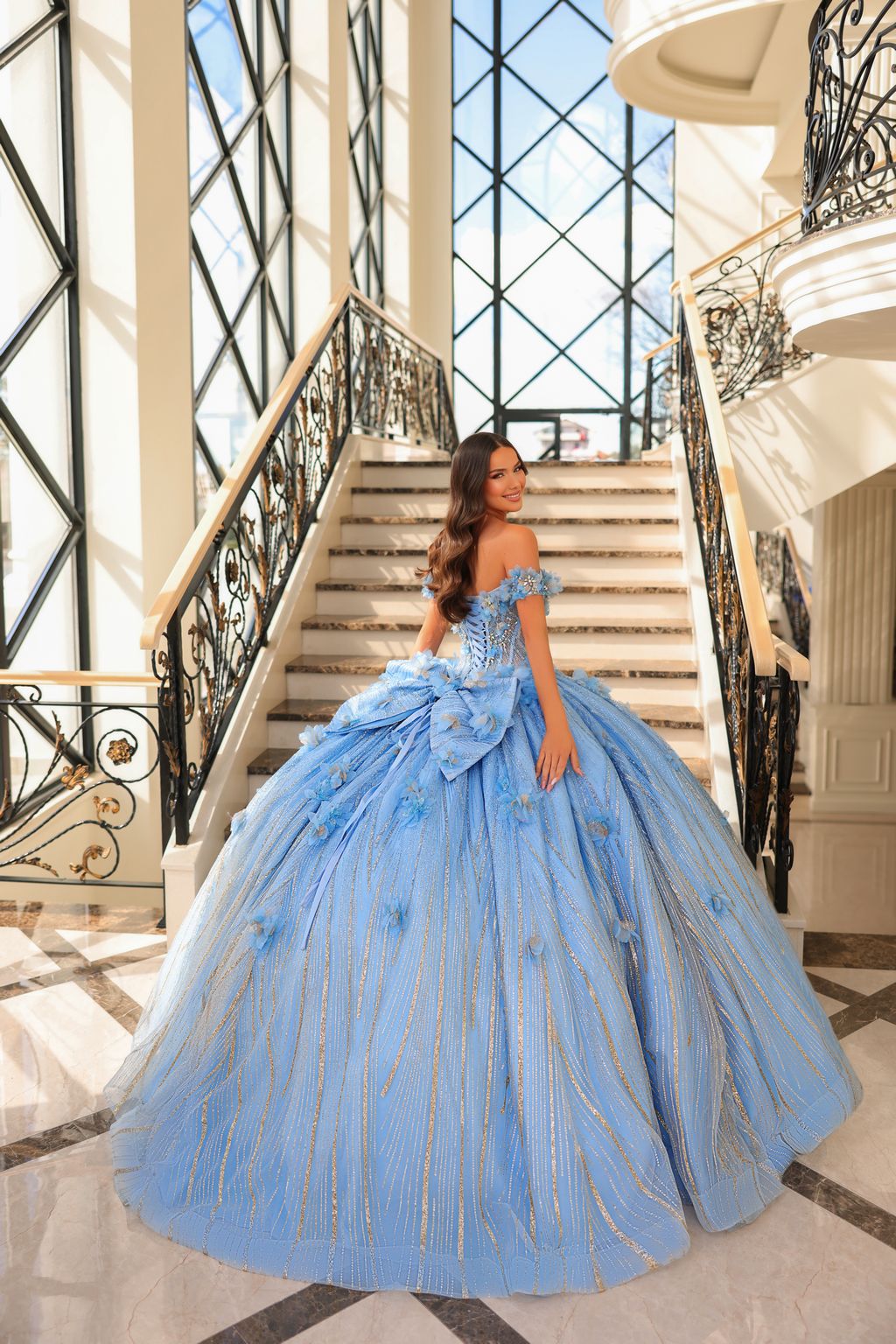Quinceniera Dresses A Line 3D Floral Long Ball Gown Quinceanera Sky Blue