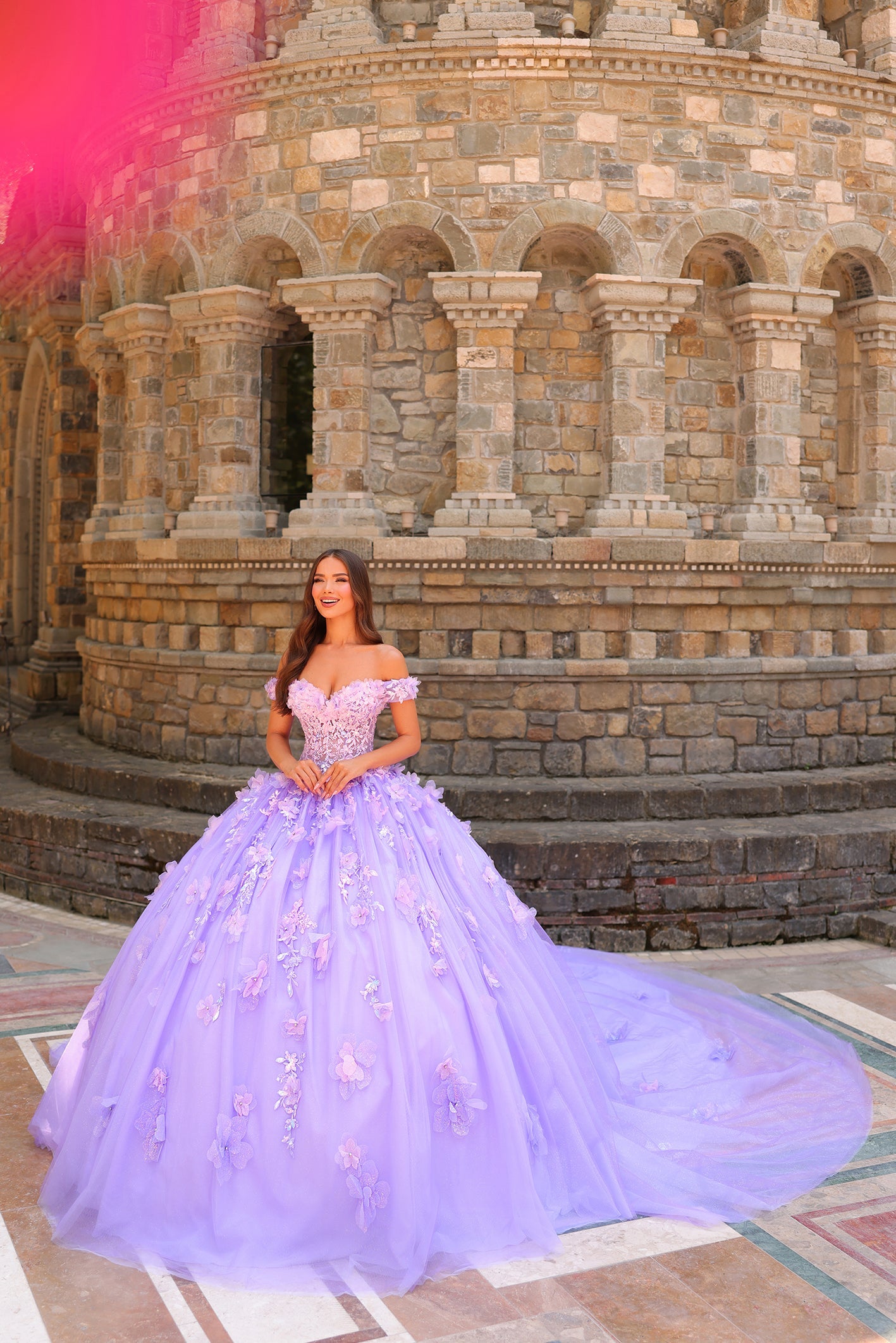 Lavender Off-the-Shoulder Floor-Length Tulle Quinceañera Ball Gown with Floral Appliques and Train Amarra 54231