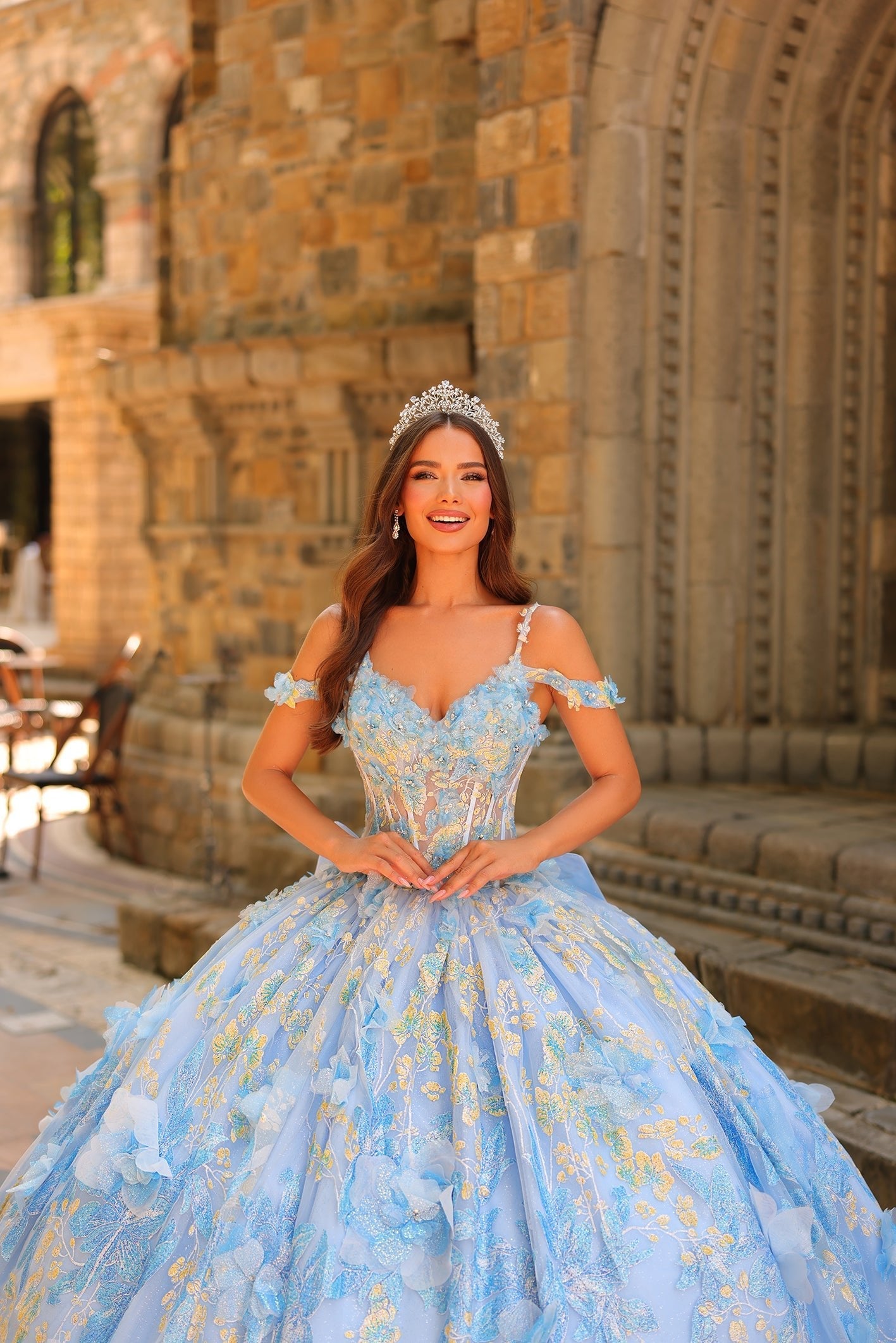 Light Blue Cold Shoulder Floor-Length Tulle Quinceañera Ball Gown with Floral Appliqué Corset Dress Amarra 54232