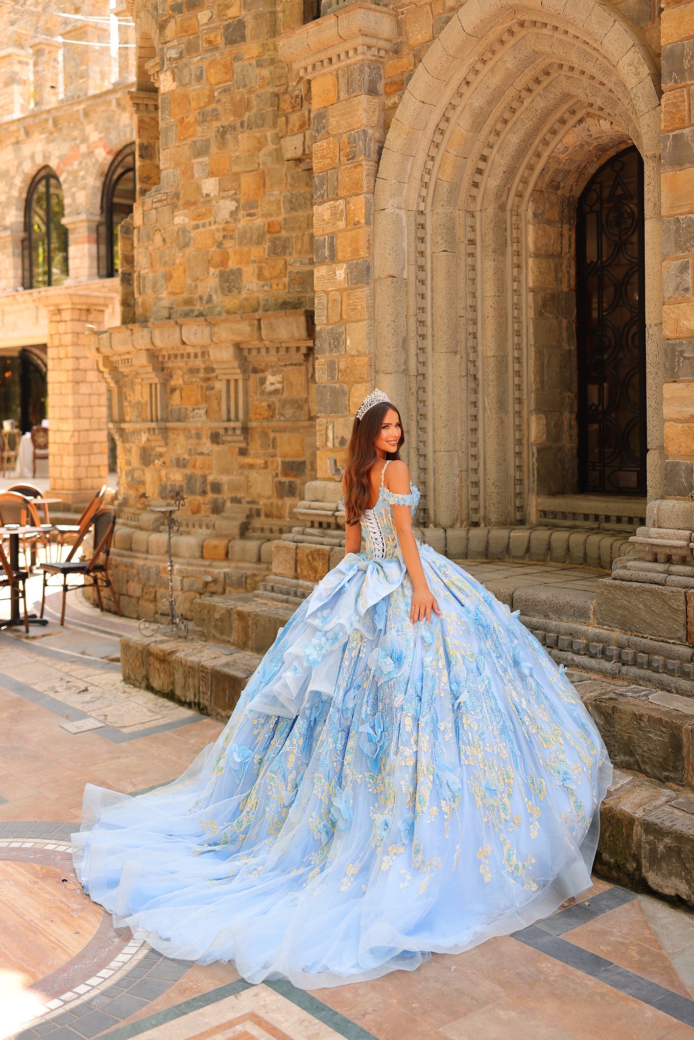 Light Blue Cold Shoulder Floor-Length Tulle Quinceañera Ball Gown with Floral Appliqué Corset Dress Amarra 54232