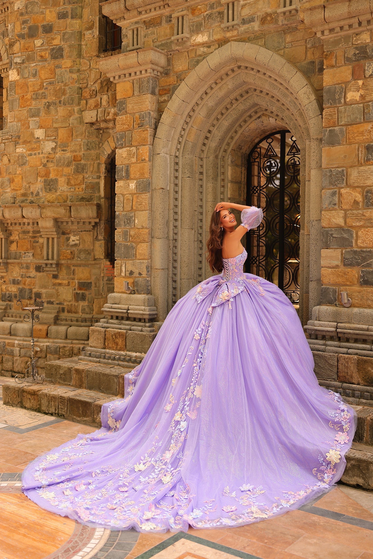 Lilac Sweetheart Floor-Length Tulle Quinceañera Ball Gown with Embroidered Appliques Amarra 54234