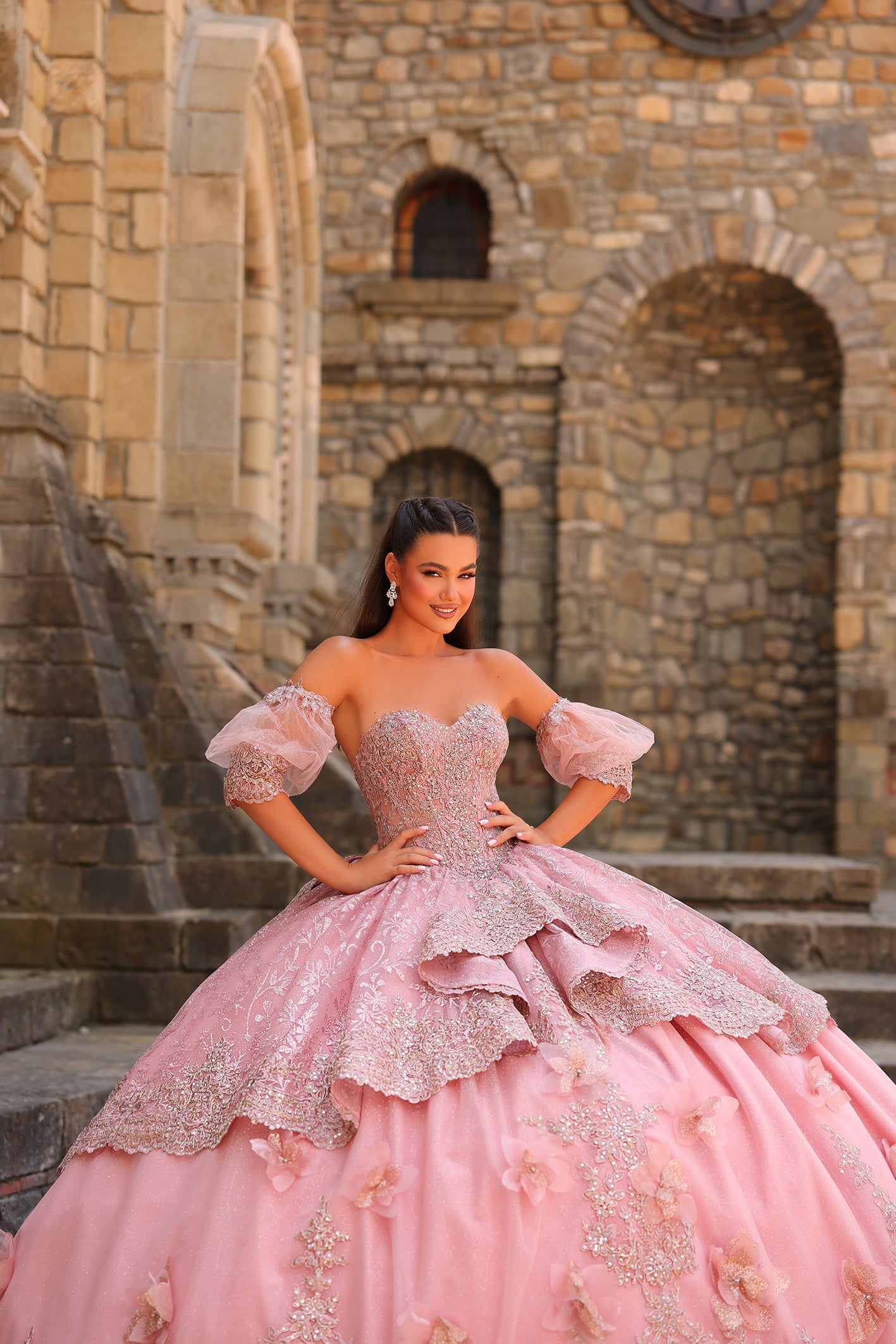 Rose Gold Sweetheart Floor-Length Embroidered Tulle Quinceañera Ball Gown with Detachable Sleeves Amarra 54236