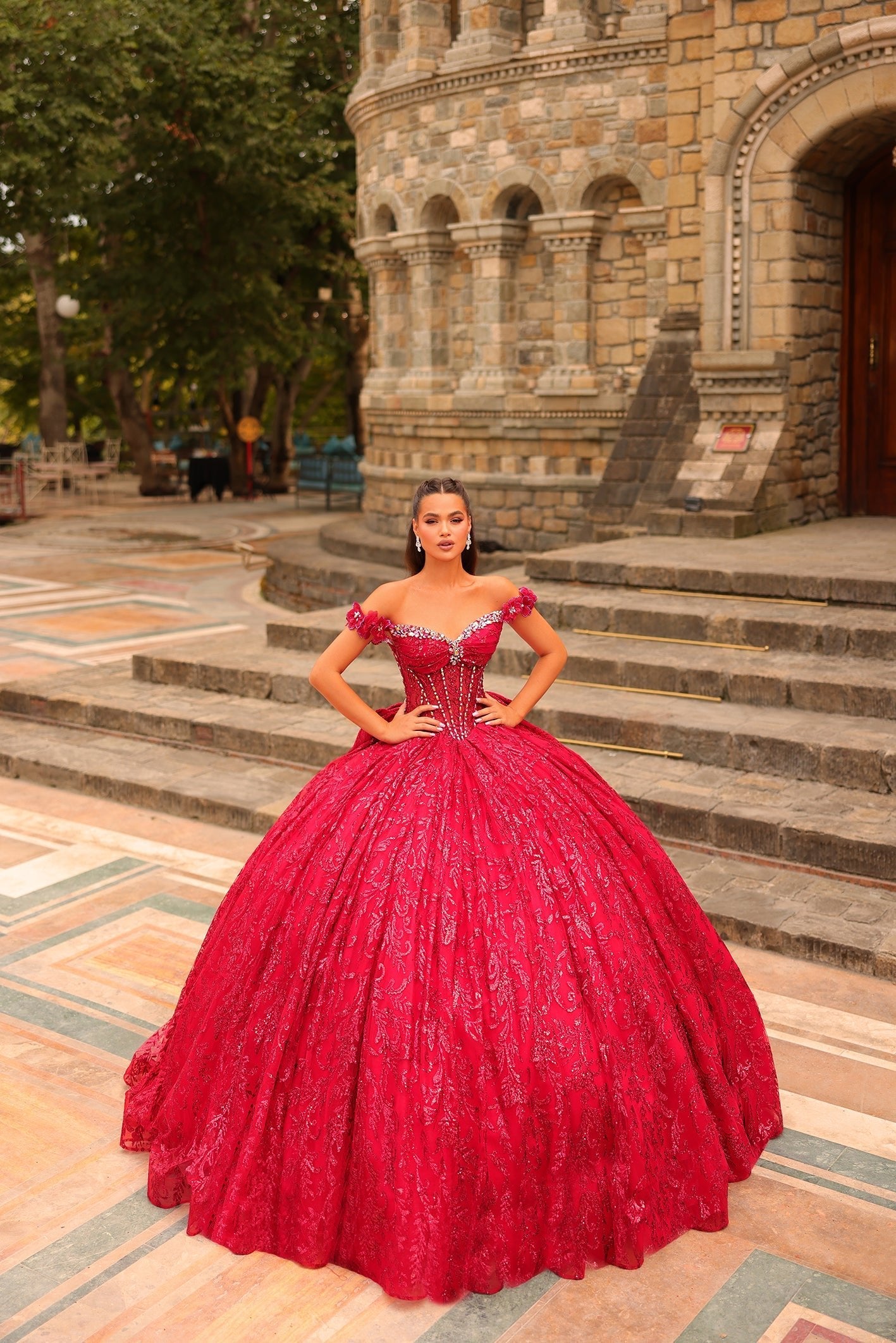 Red Off-the-Shoulder Floor-Length Glitter Tulle Quinceañera Ball Gown with Oversized Back Bow Amarra 54237