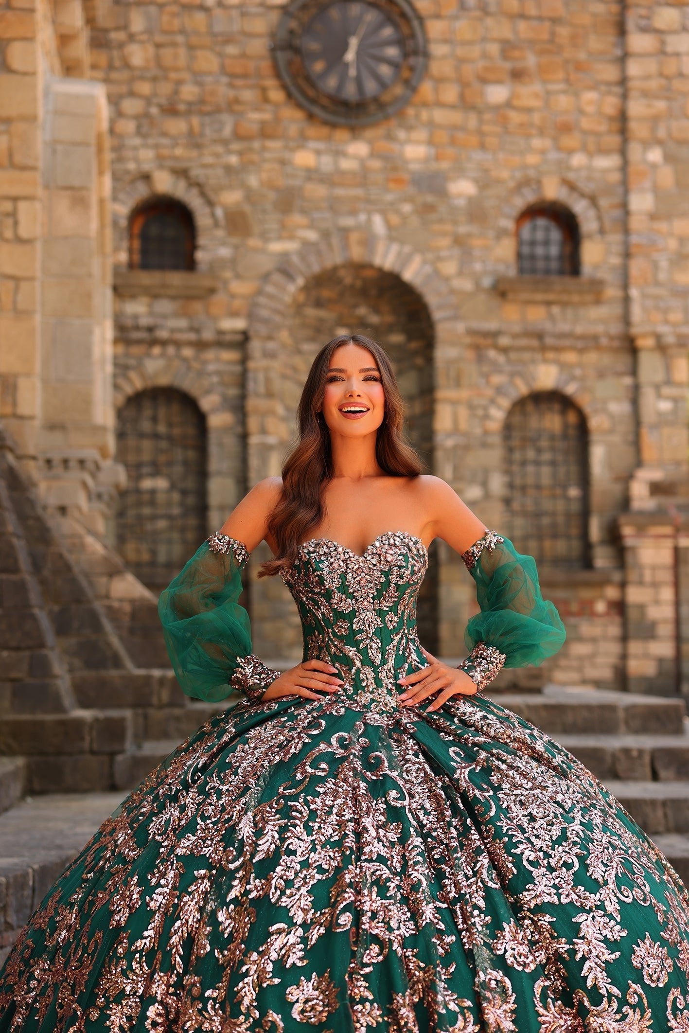 Emerald Sweetheart Floor-Length Embroidered Tulle Quinceañera Ball Gown with Detachable Sleeves Amarra 54238