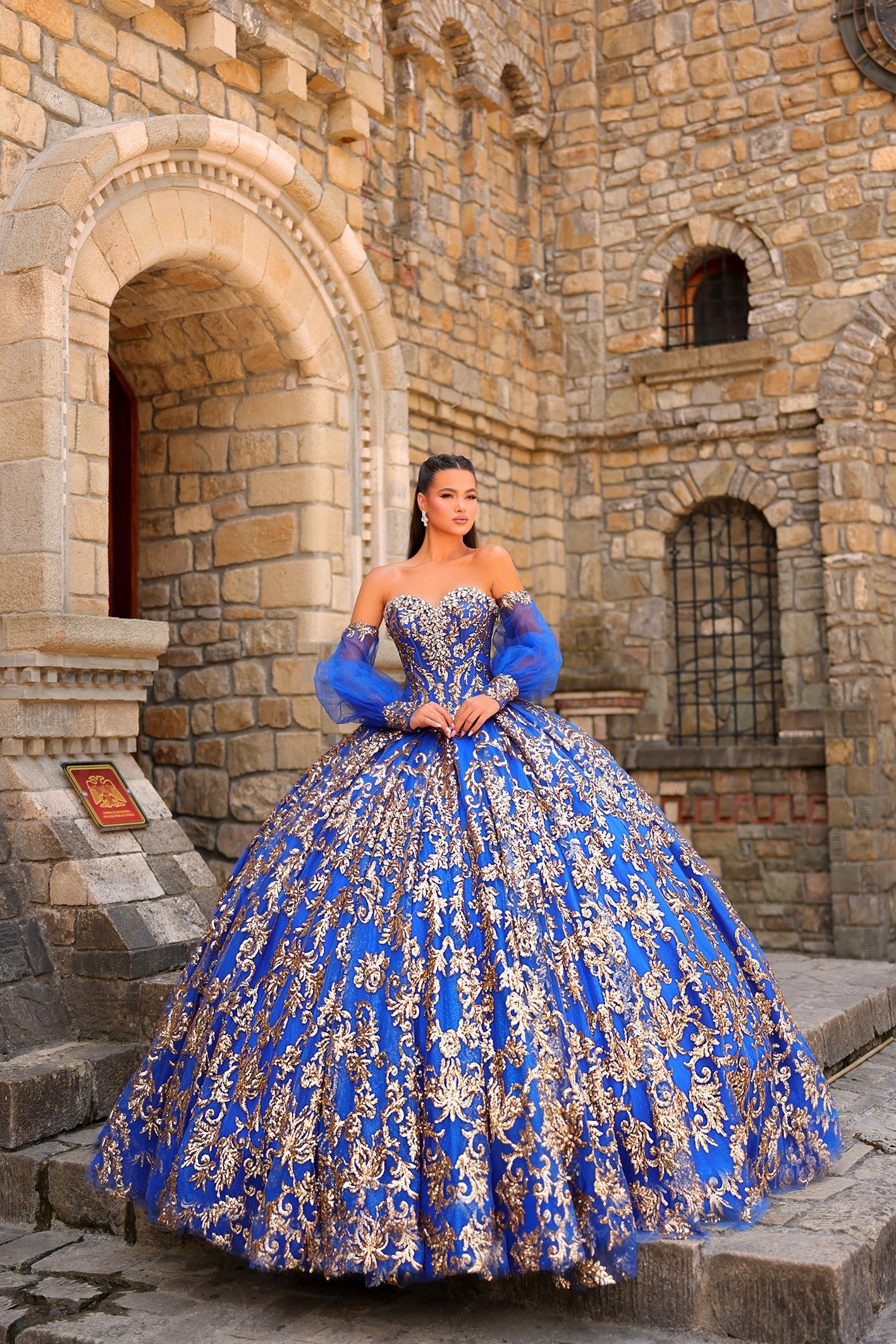 Royal Blue Sweetheart Floor-Length Embroidered Tulle Quinceañera Ball Gown with Detachable Sleeves Amarra 54238