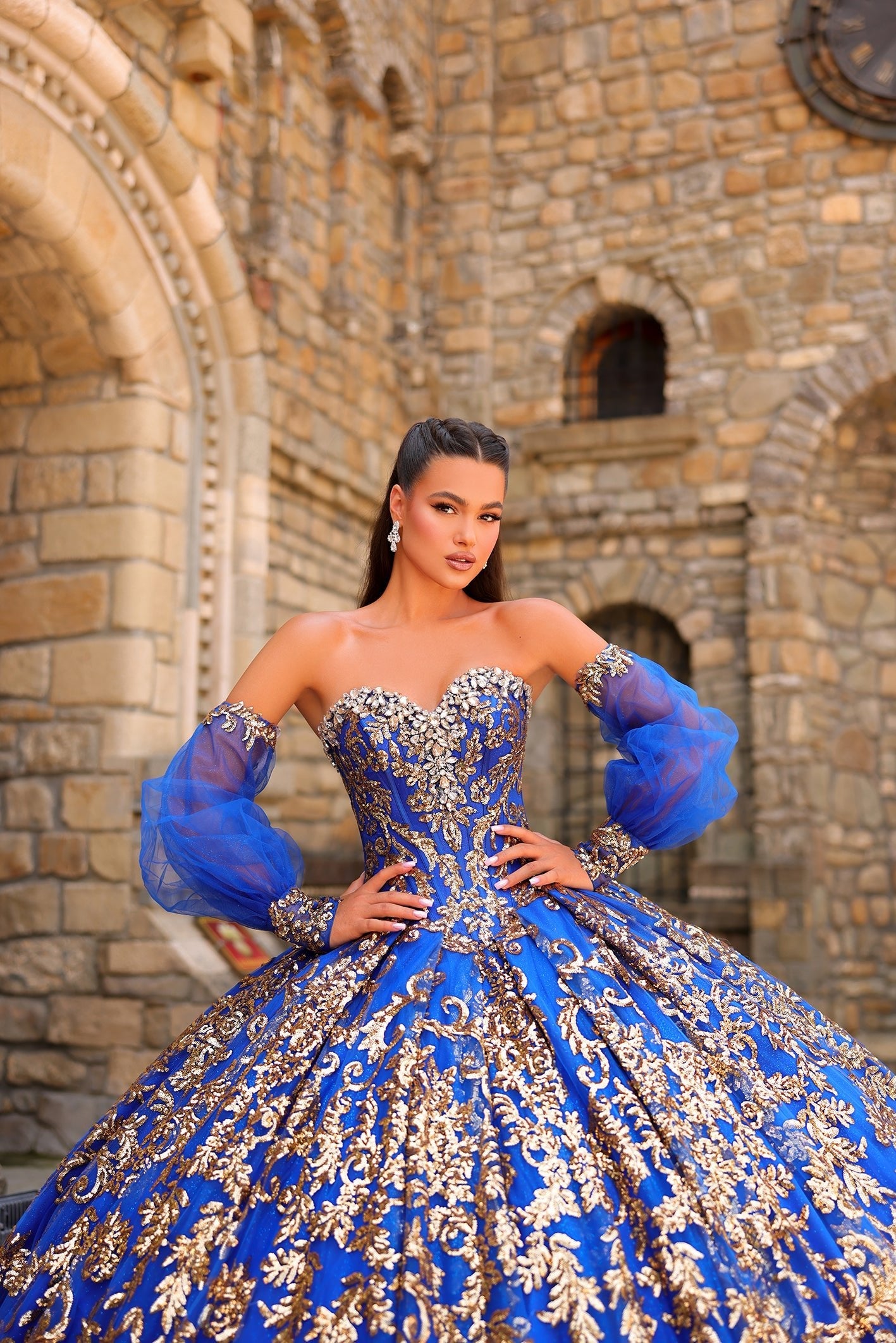 Royal Blue Sweetheart Floor-Length Embroidered Tulle Quinceañera Ball Gown with Detachable Sleeves Amarra 54238