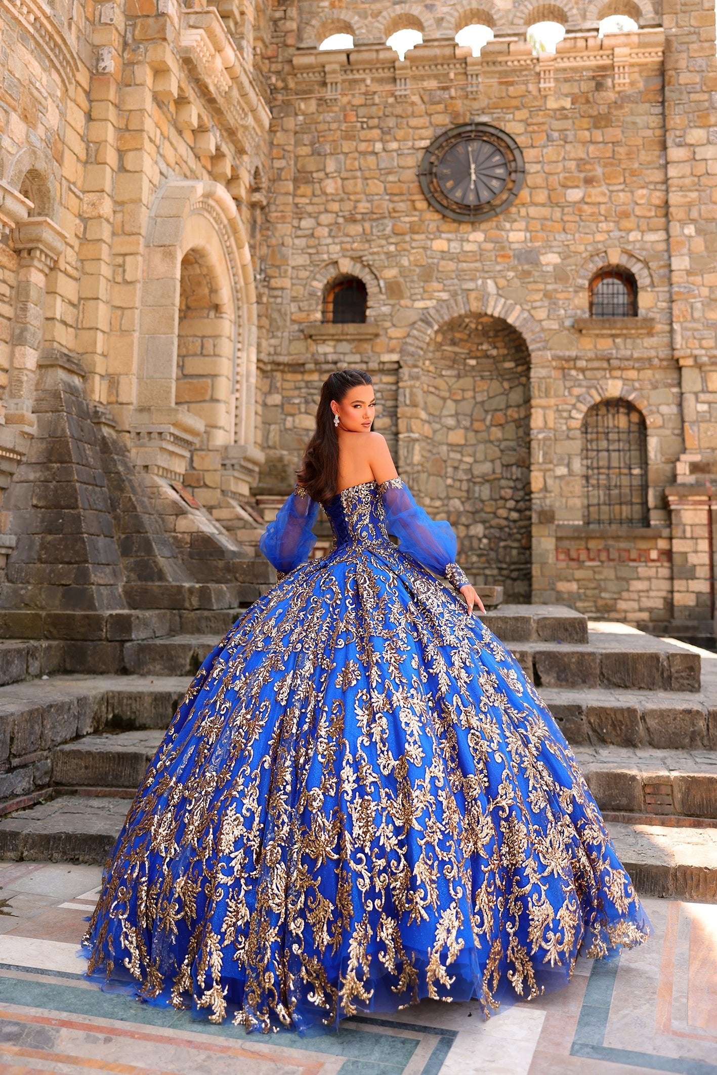 Royal Blue Sweetheart Floor-Length Embroidered Tulle Quinceañera Ball Gown with Detachable Sleeves Amarra 54238