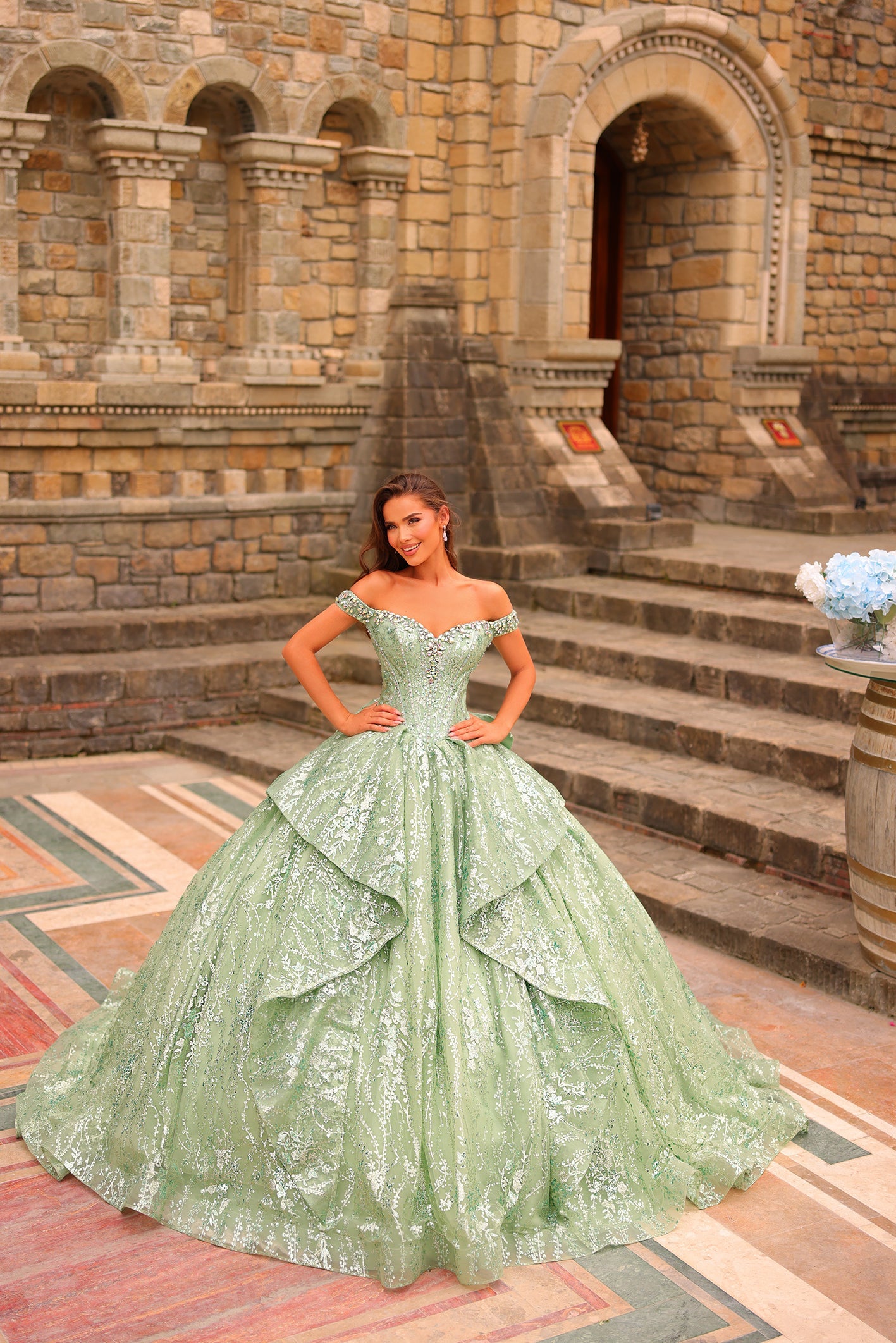 Sage Off-the-Shoulder Floor-Length Glitter Tulle Quinceañera Ball Gown with Sequin Amarra 54240