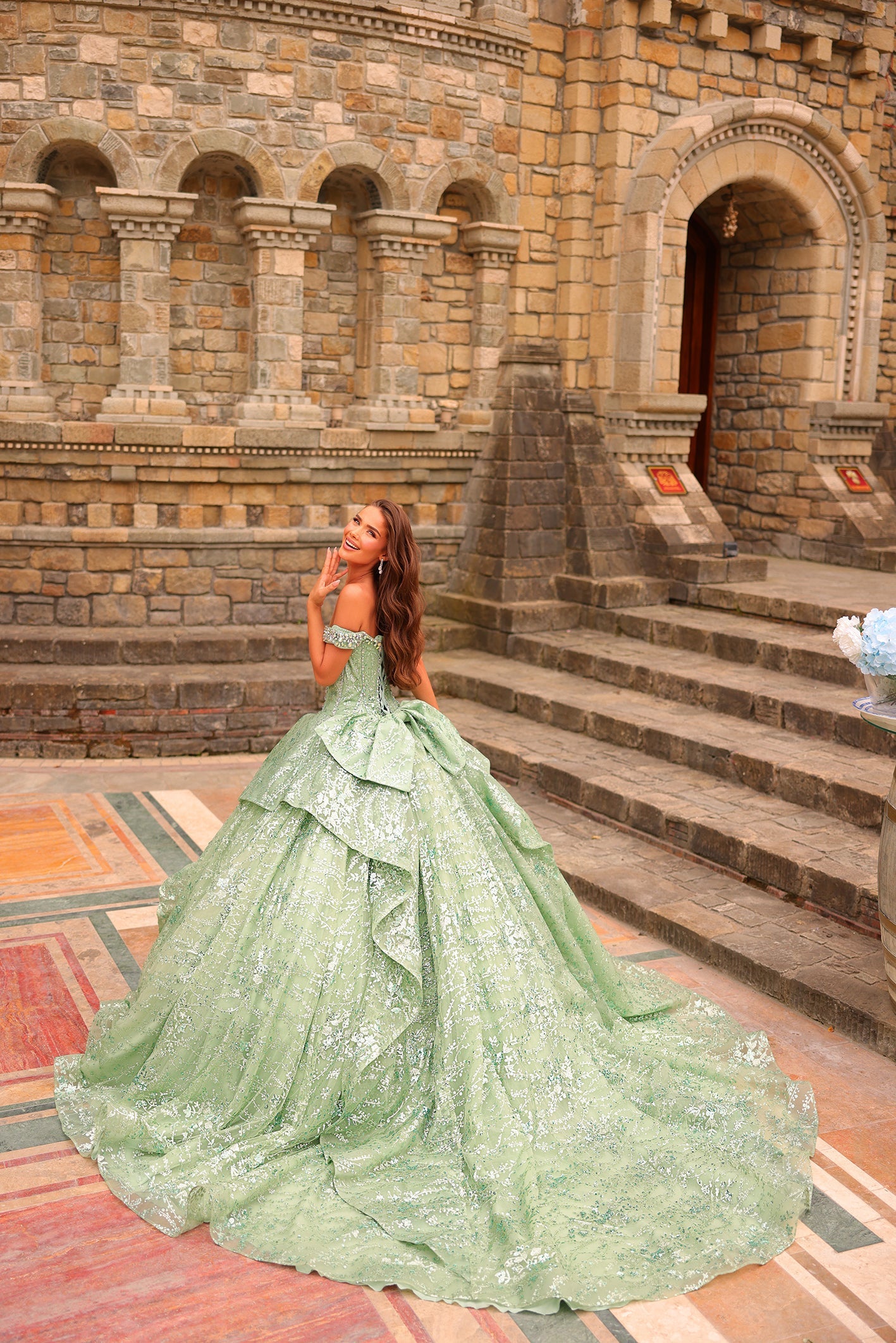 Sage Off-the-Shoulder Floor-Length Glitter Tulle Quinceañera Ball Gown with Sequin Amarra 54240