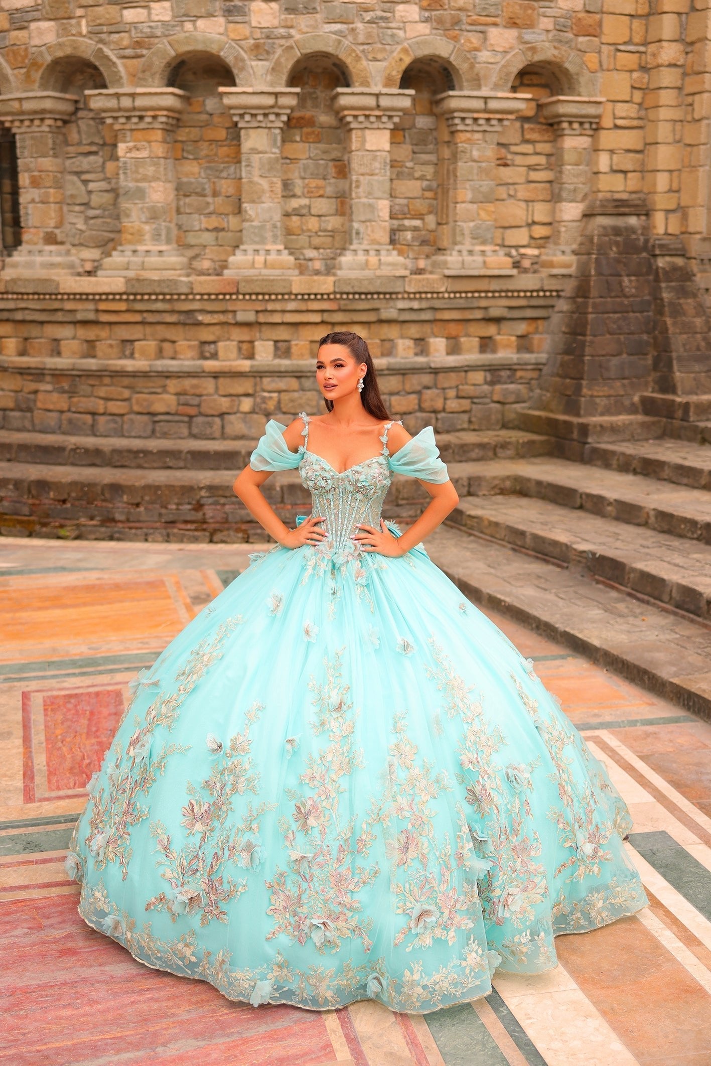 Aqua Off the Shoulder Floor-Length Tulle Quinceañera Ball Gown with Floral Appliqué Amarra 54241