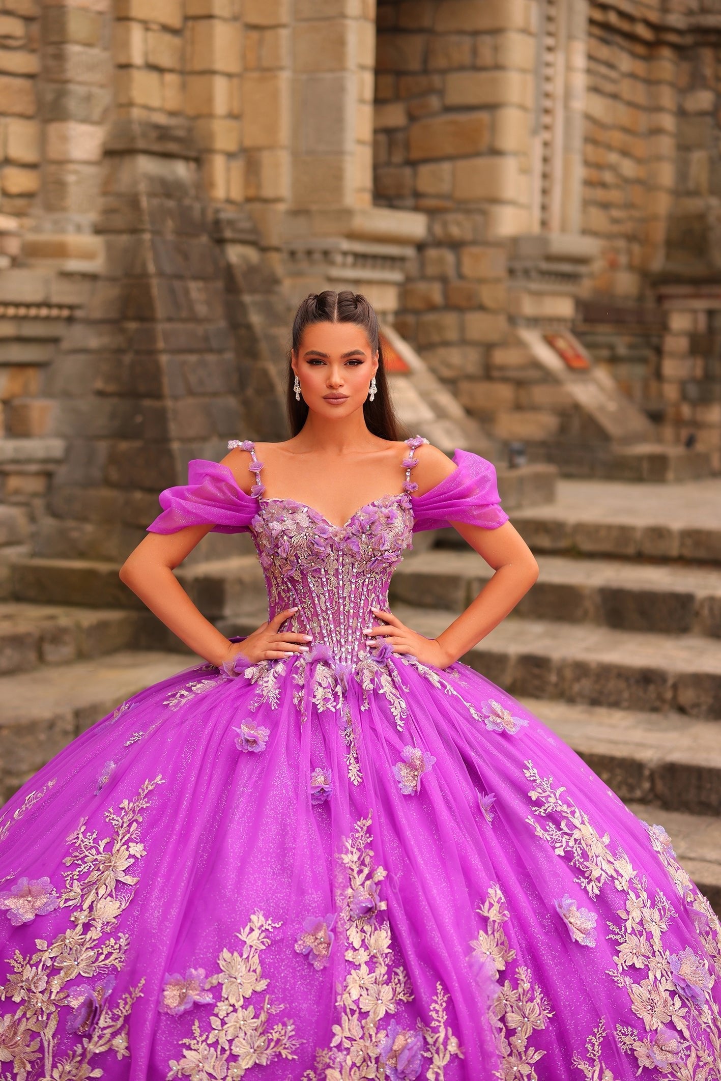 Purple Off the Shoulder Floor-Length Tulle Quinceañera Ball Gown with Floral Appliqué Amarra 54241
