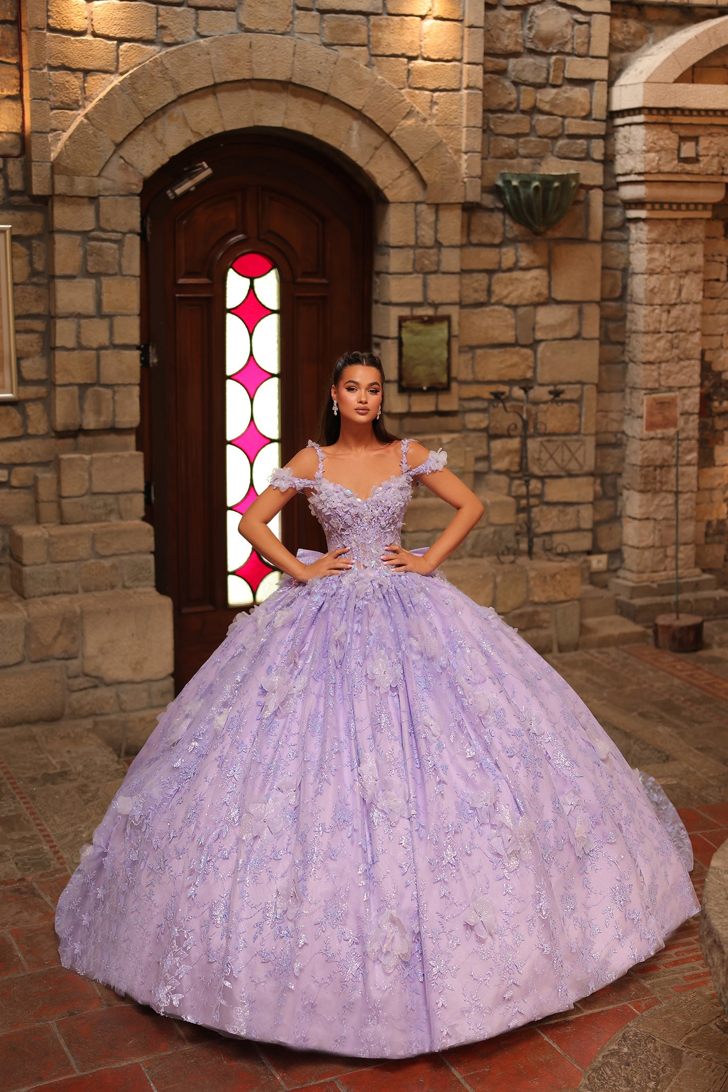 Lilac Sweetheart Floor-Length Tulle Quinceañera Ball Gown with Floral Appliqué Train Amarra 54243
