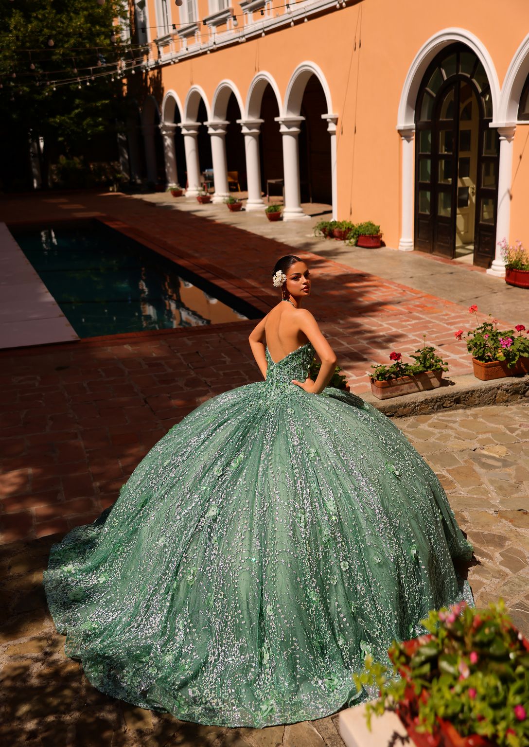 Quinceniera Dresses Floral Long Glitter Ball Gown Quinceanera Dress Sage