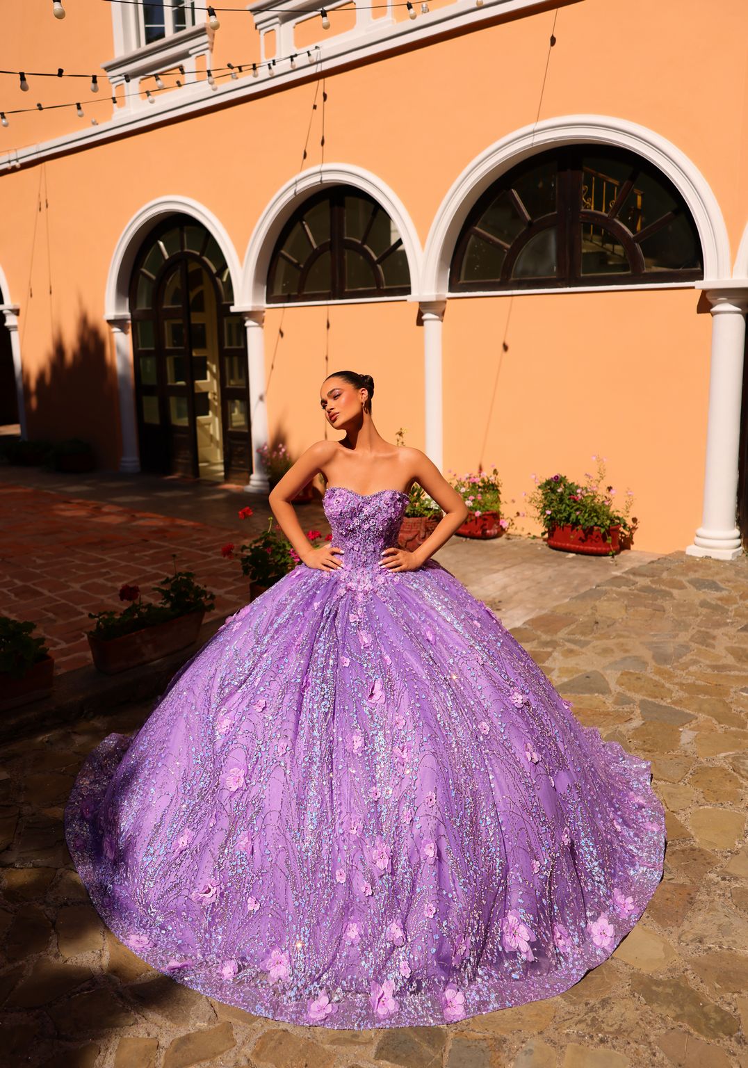 Quinceniera Dresses Floral Long Glitter Ball Gown Quinceanera Dress Lilac