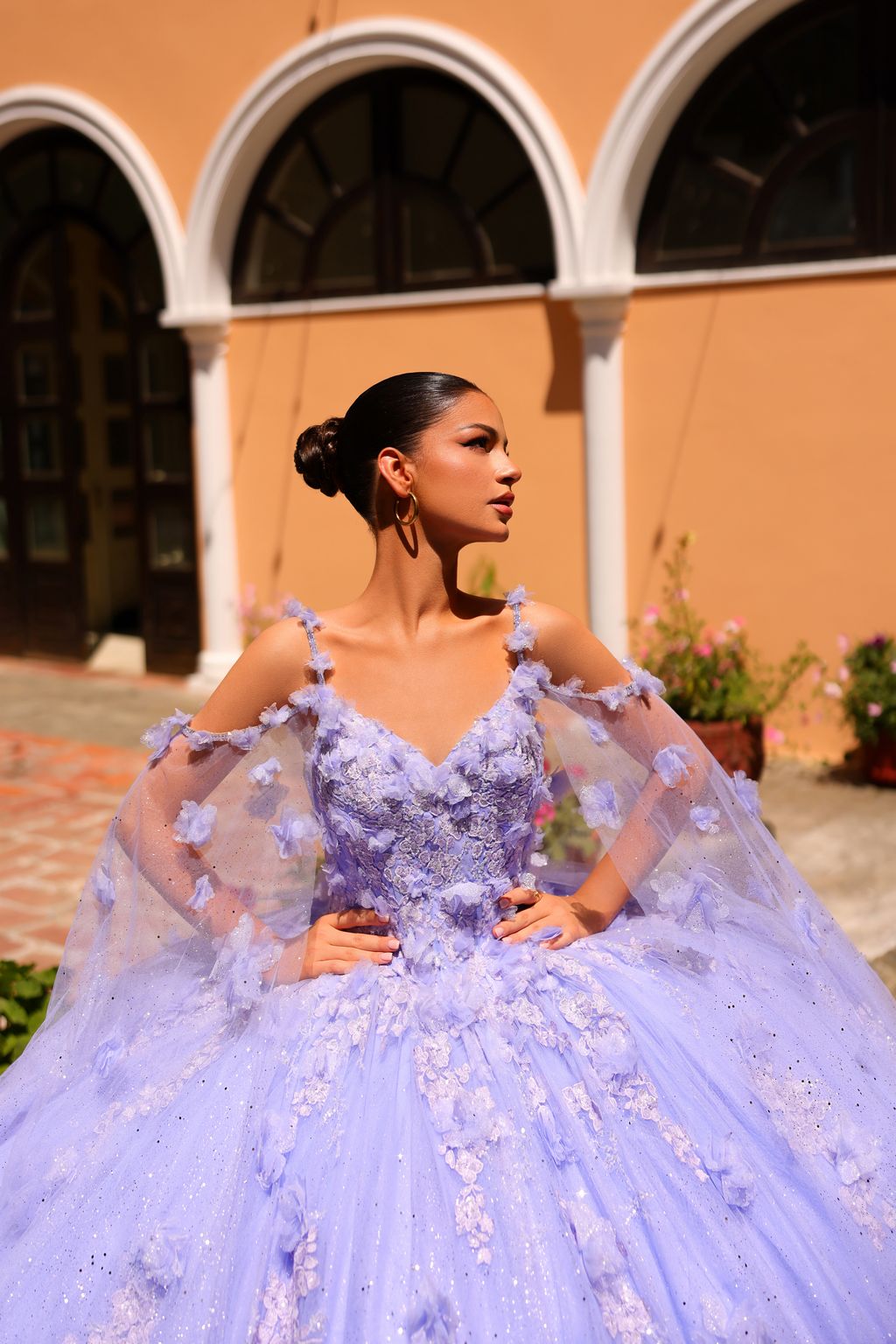 Quinceniera Dresses Long Beaded Lace Floral Ball Gown Quinceanera Dress Periwinkle