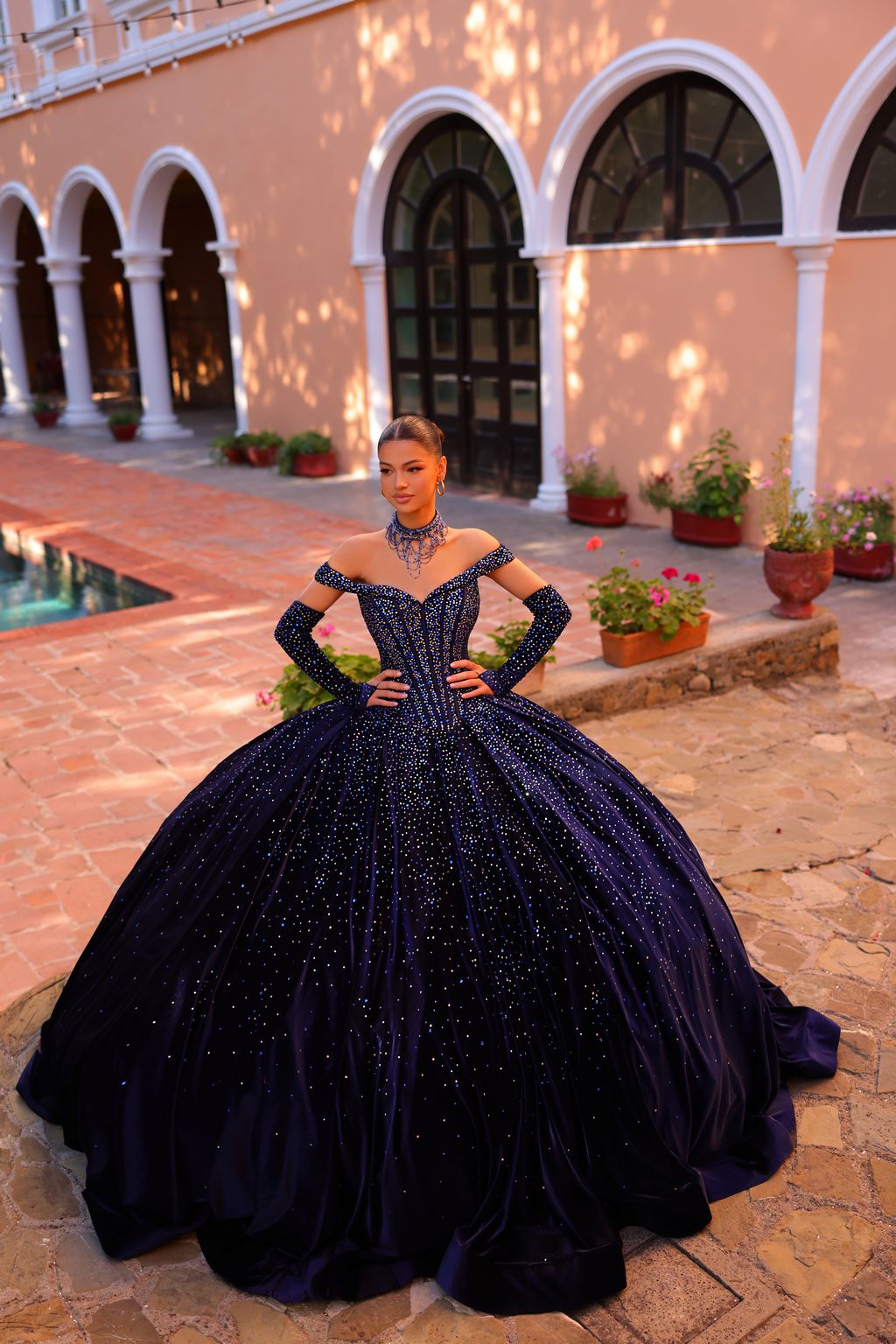 Quinceniera Dresses Long Beaded Velvet Ball Gown Quinceanera Dress Navy