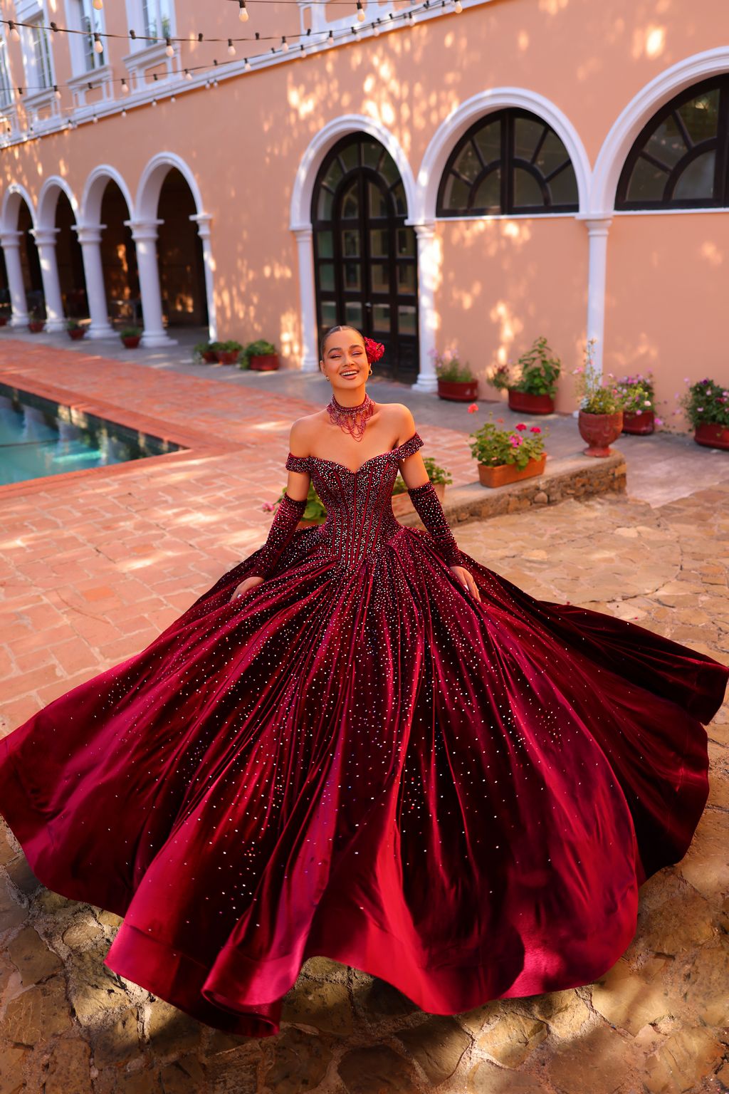 Quinceniera Dresses Long Beaded Velvet Ball Gown Quinceanera Dress Wine
